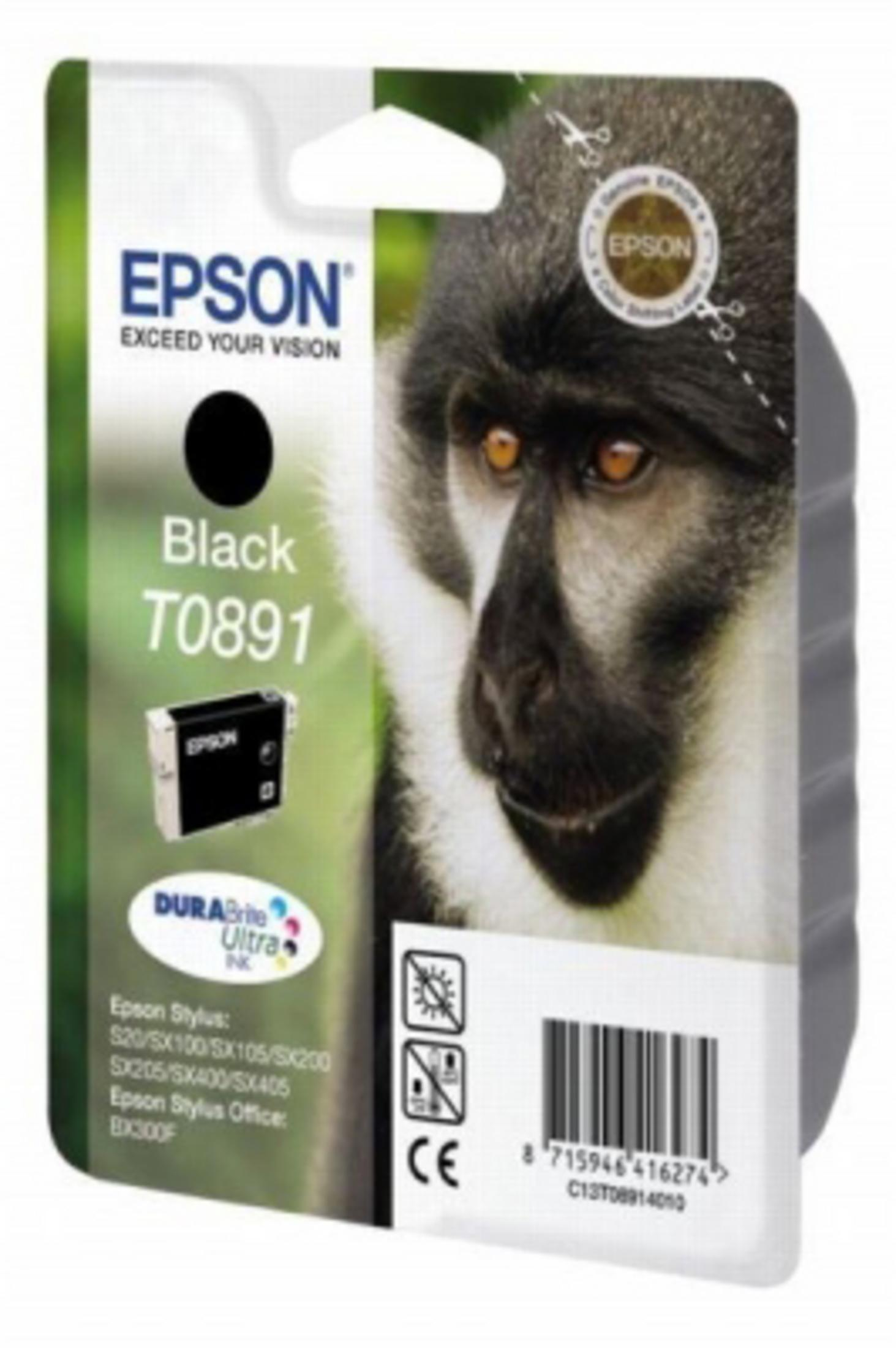 Epson schwarze Tintenpatrone mit einem Affenbild auf der Verpackung.