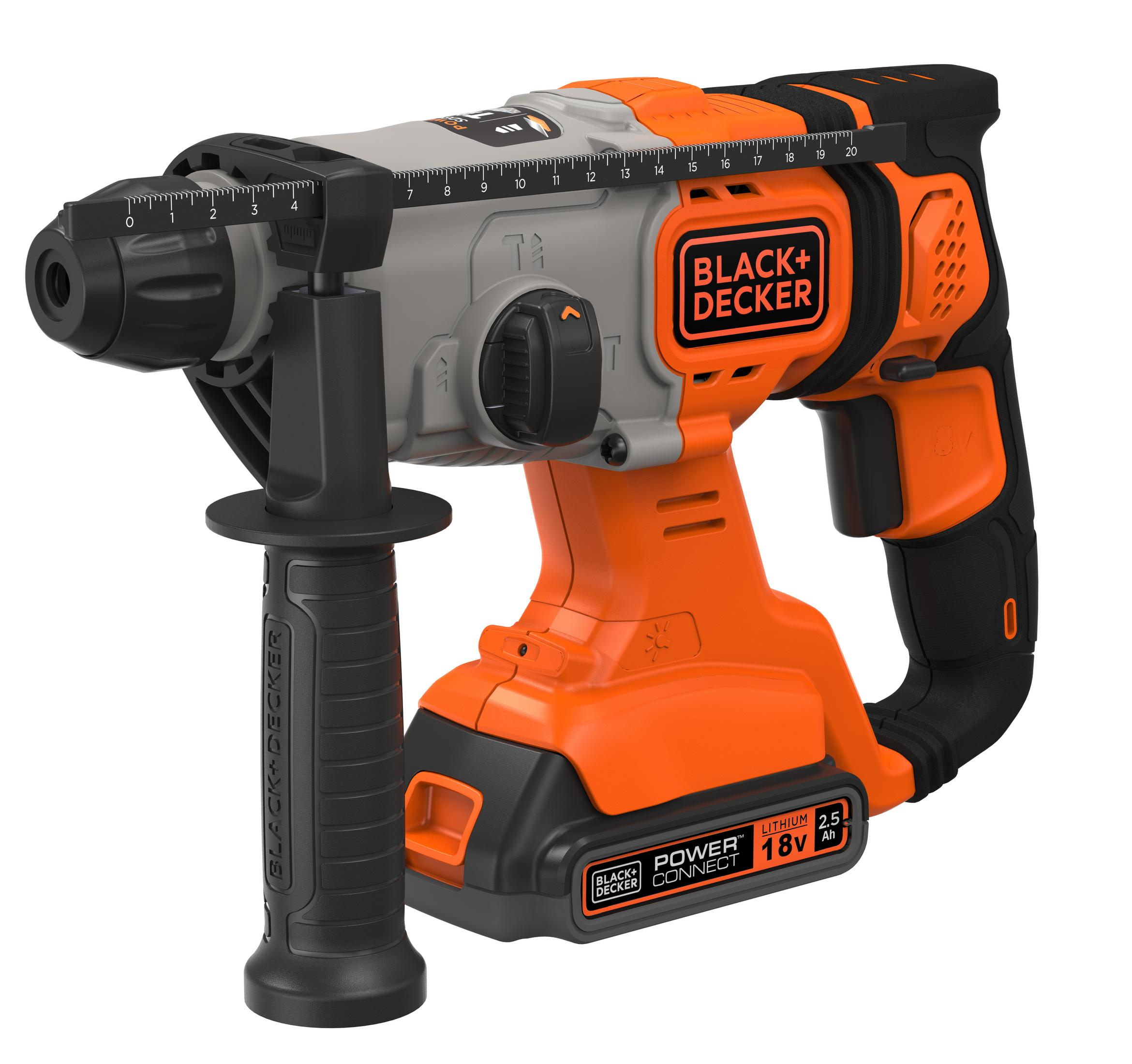 Trapano elettrico Black+Decker arancione e grigio. L'impugnatura e la testa del trapano sono a sinistra.