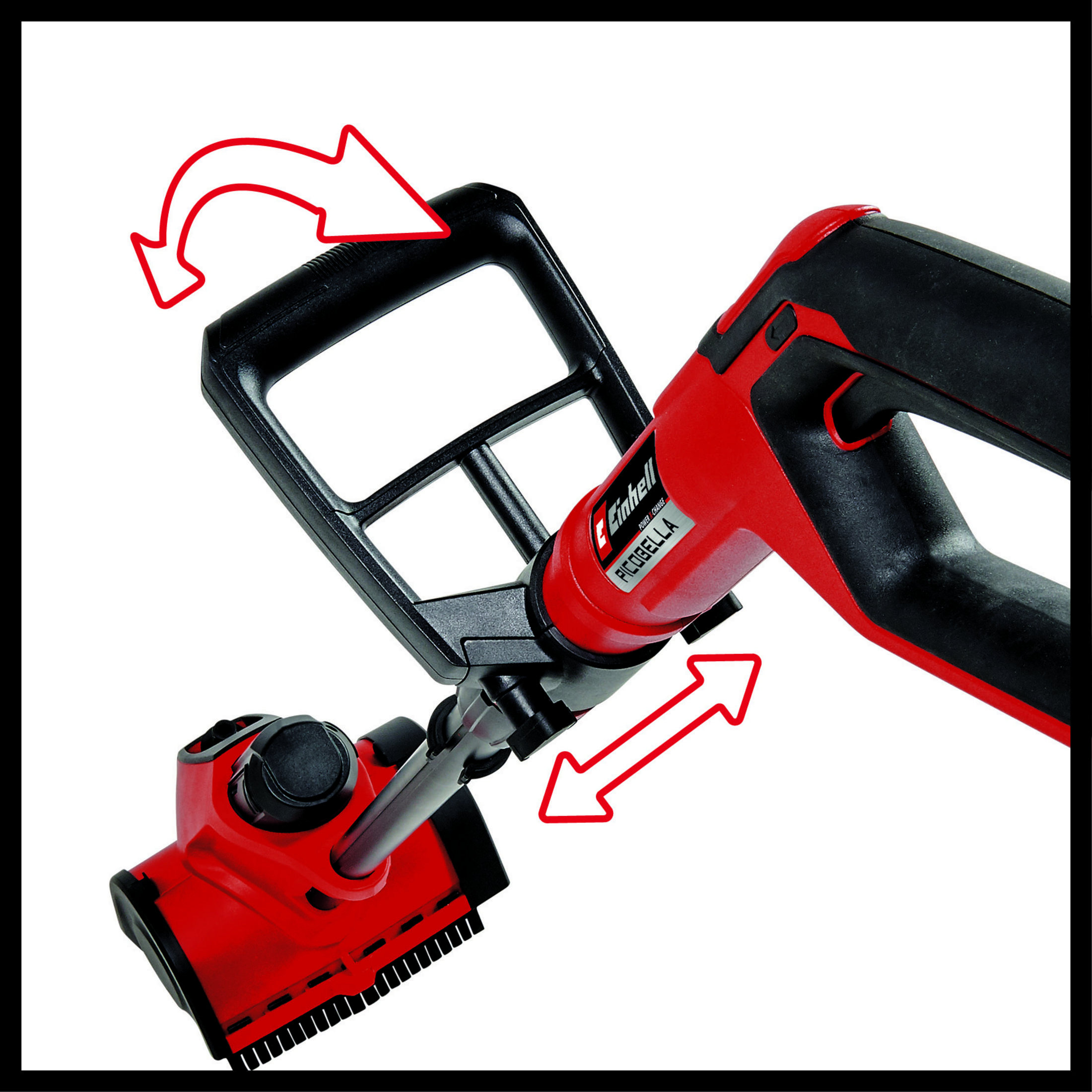 Red and black garden tool, with arrows indicating movement. White background.