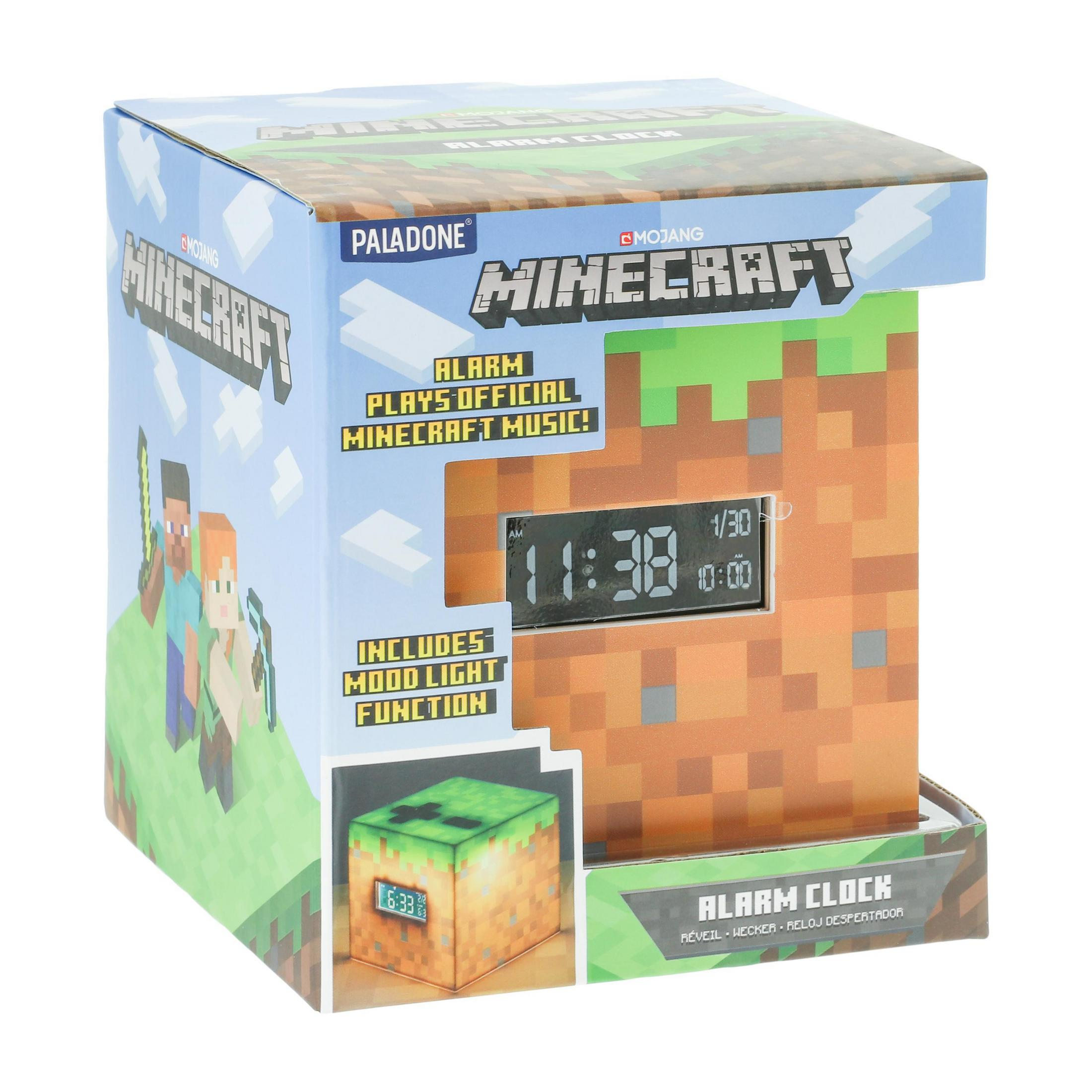 Kostka budzika Minecraft z cyfrowym wyświetlaczem i grafiką postaci.