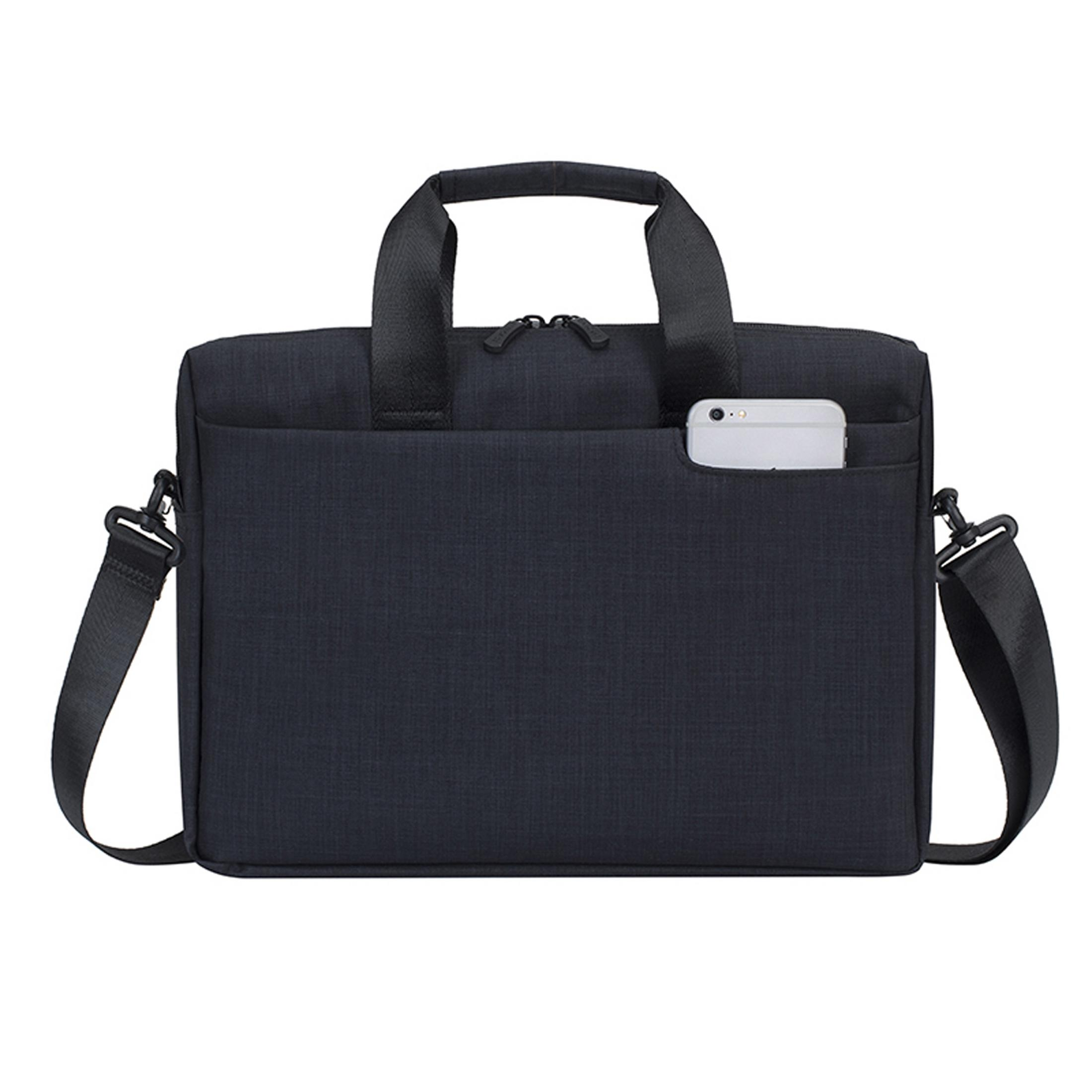 Borsa per laptop nera con manico, tracolla e telefono nella tasca anteriore.