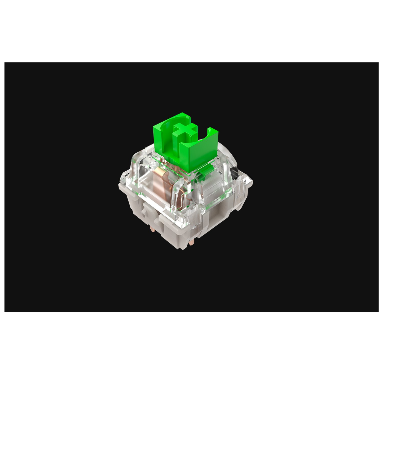 Interrupteur de clavier mécanique Razer, tige verte, boîtier transparent, sur fond noir, avec des éléments blancs et gris.