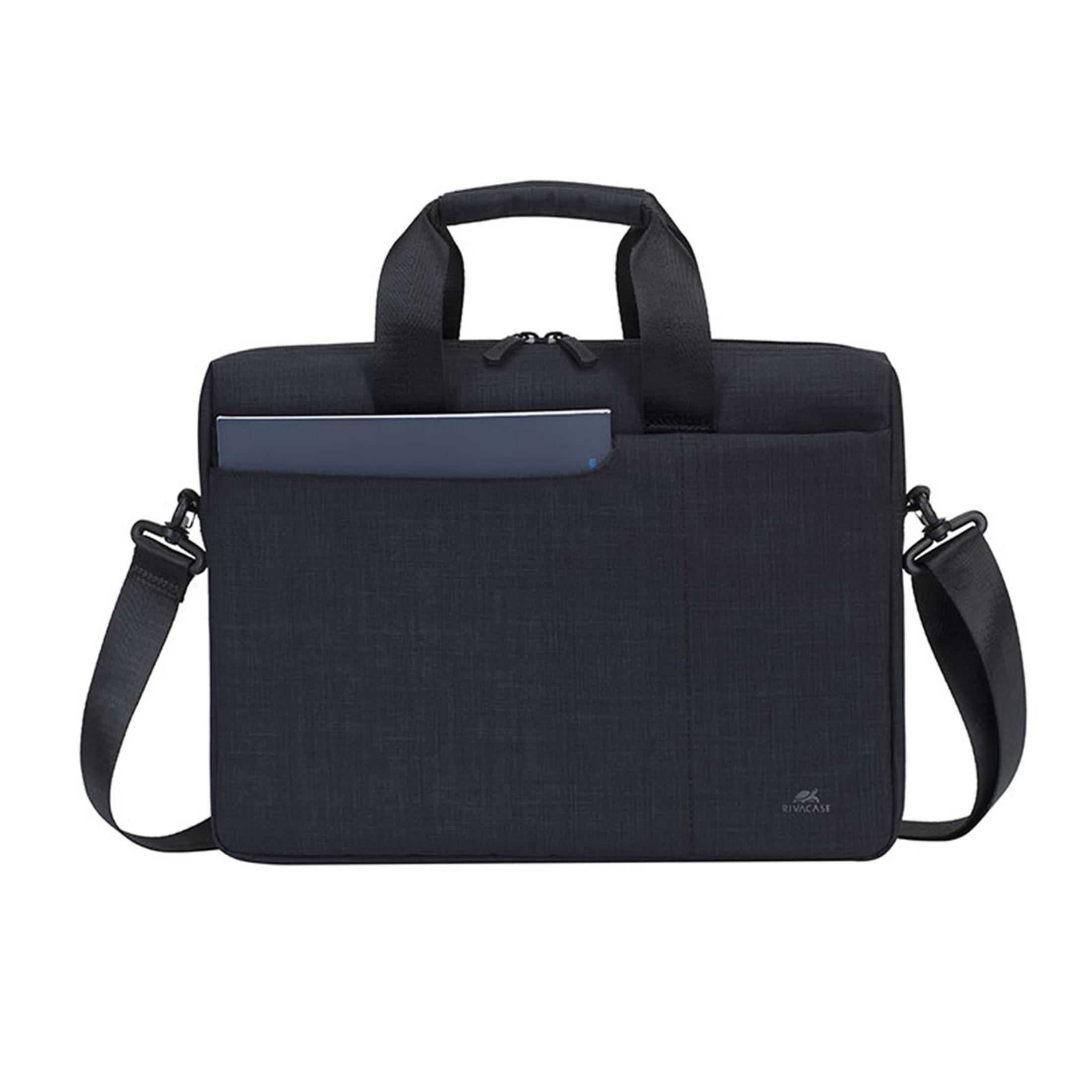 Borsa per laptop nera con manico, tracolla e tasca. Un tablet è visibile.