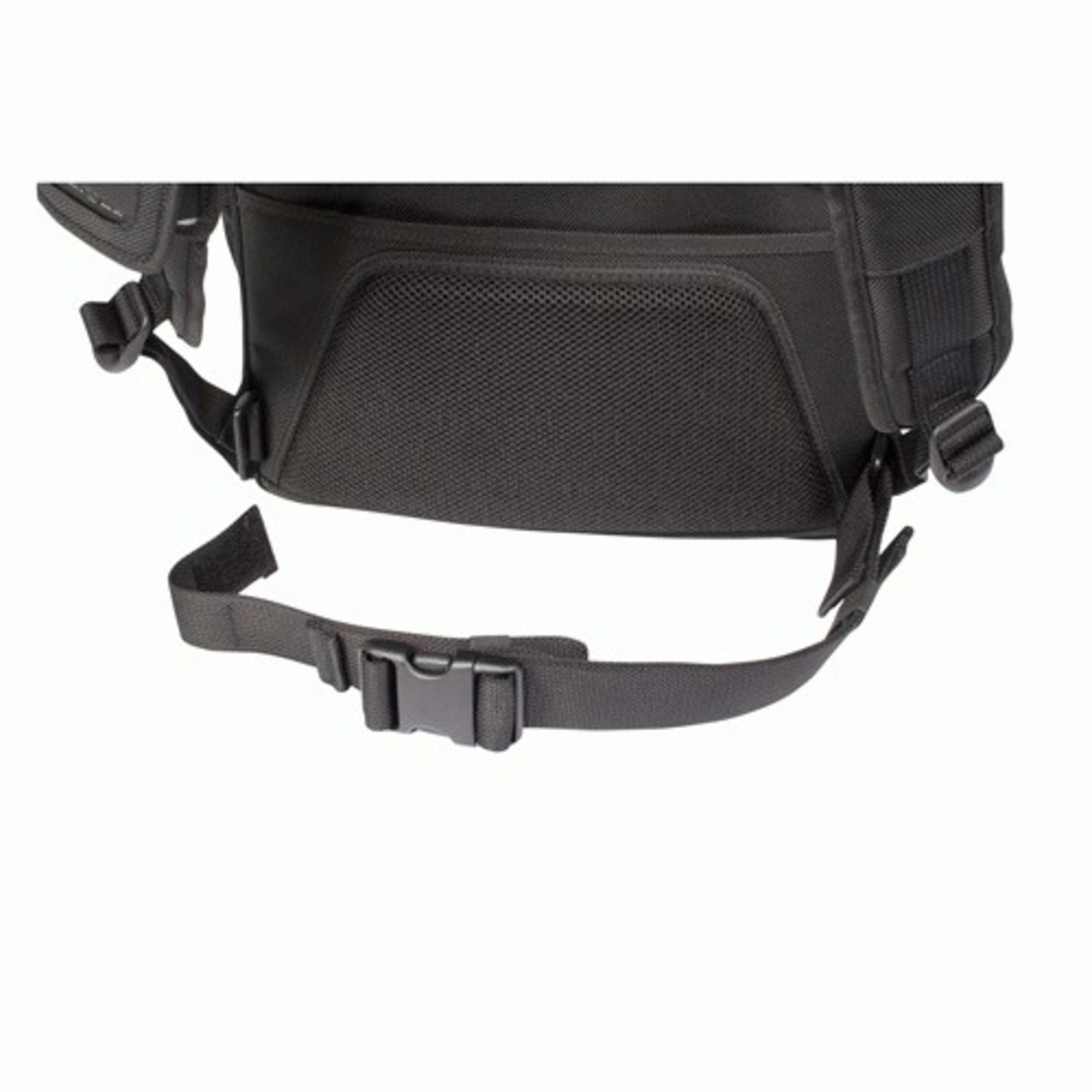 Rückseite eines schwarzen Rucksacks. Sichtbar sind das Mesh-Rückenteil, der Hüftgurt und die Schnalle.