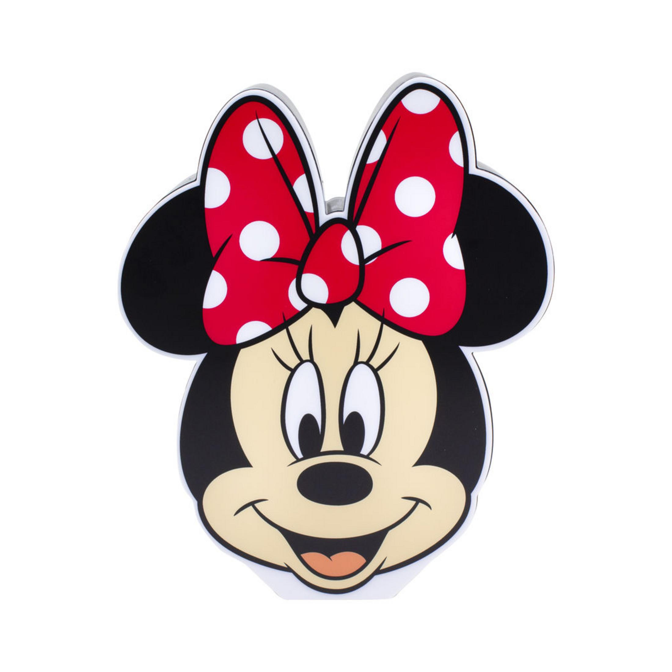 Minnie Maus Kopf-förmiges Licht. Es hat eine rote Schleife mit weißen Punkten, schwarze Ohren und ein Lächeln.