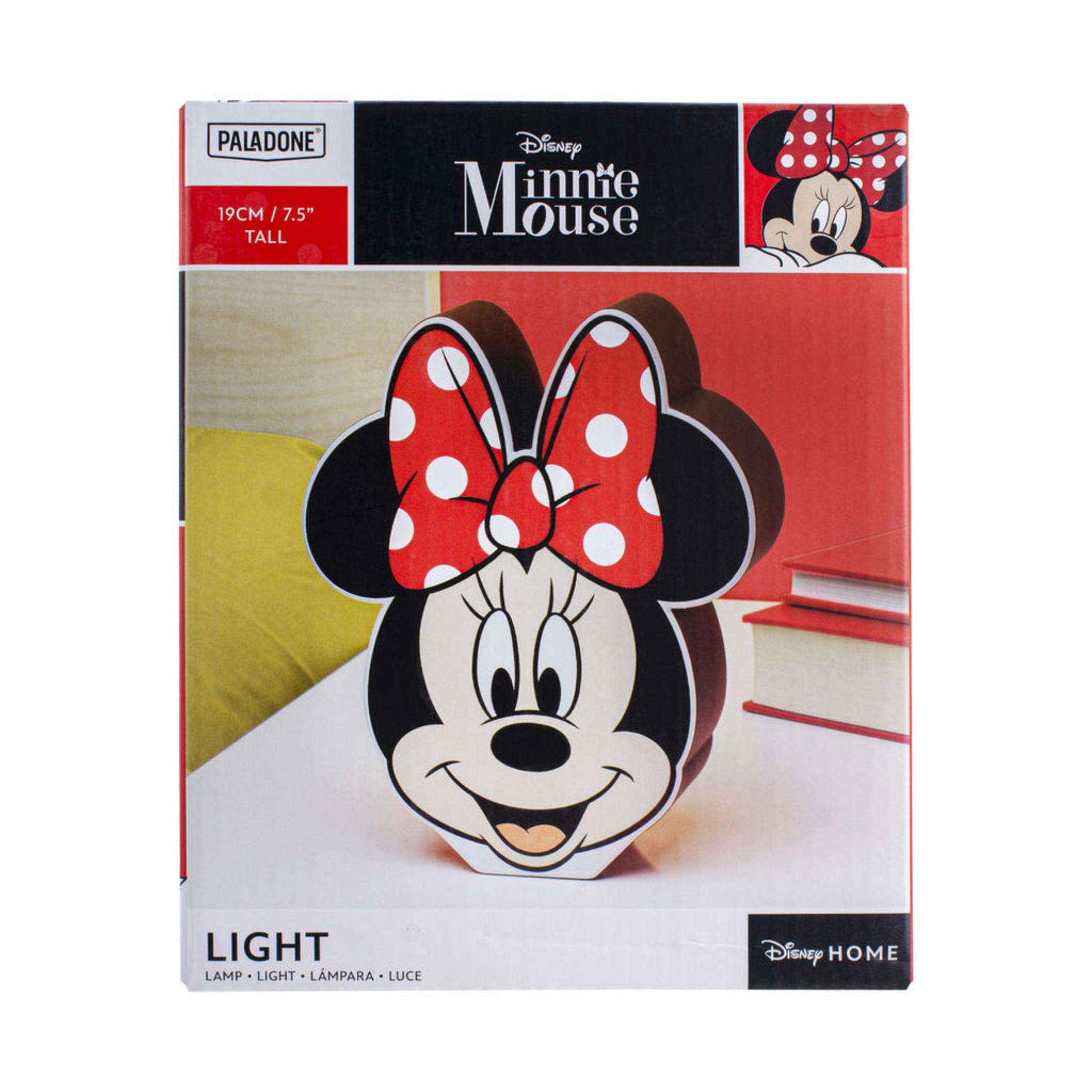 Minnie Maus Licht in einer Box. Rote Schleife mit weißen Punkten, schwarze Ohren, lächelndes Gesicht.