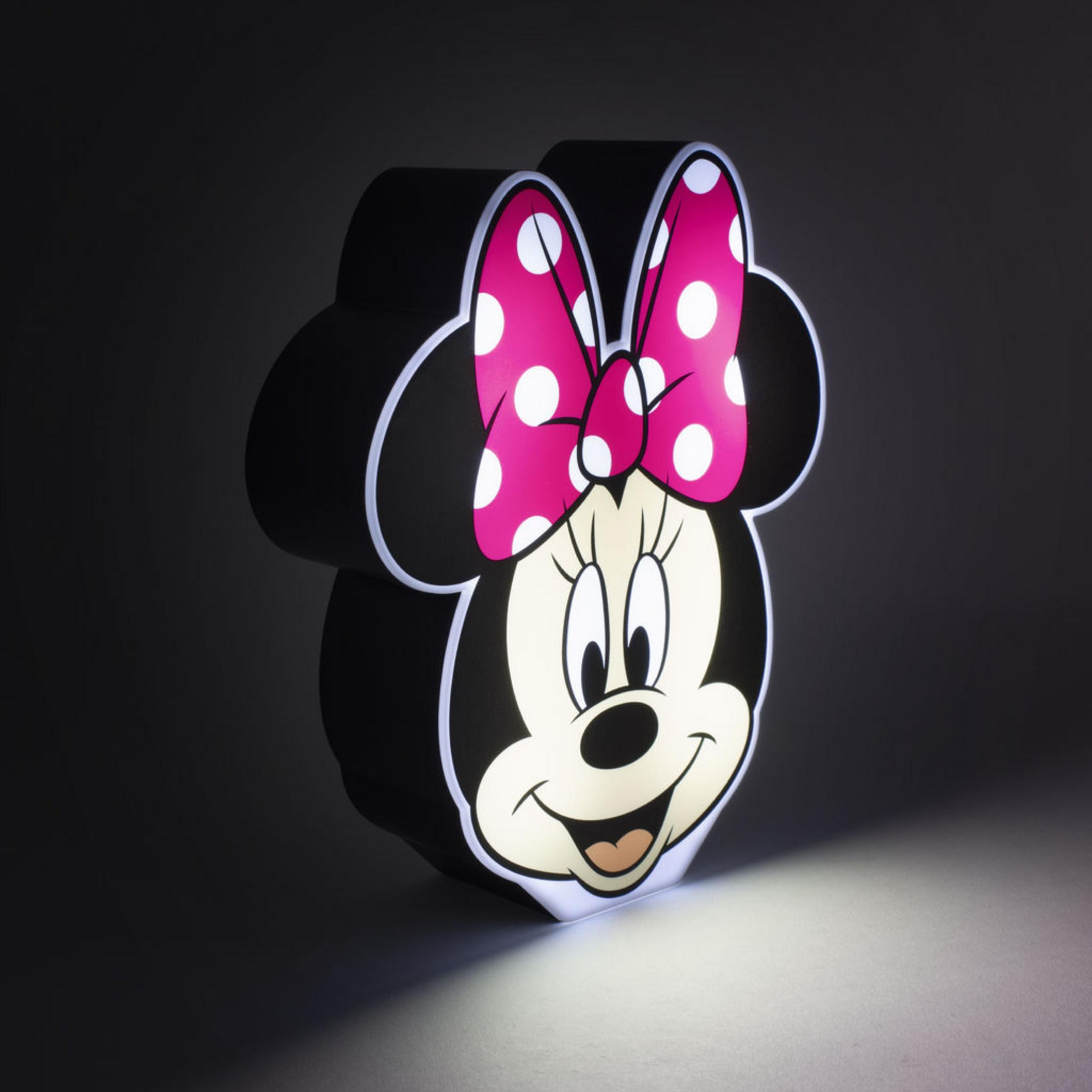 Minnie Maus Kopf-förmiges Licht. Schwarz mit weißer Umrandung, roter Bogen mit weißen Punkten, beleuchtet.