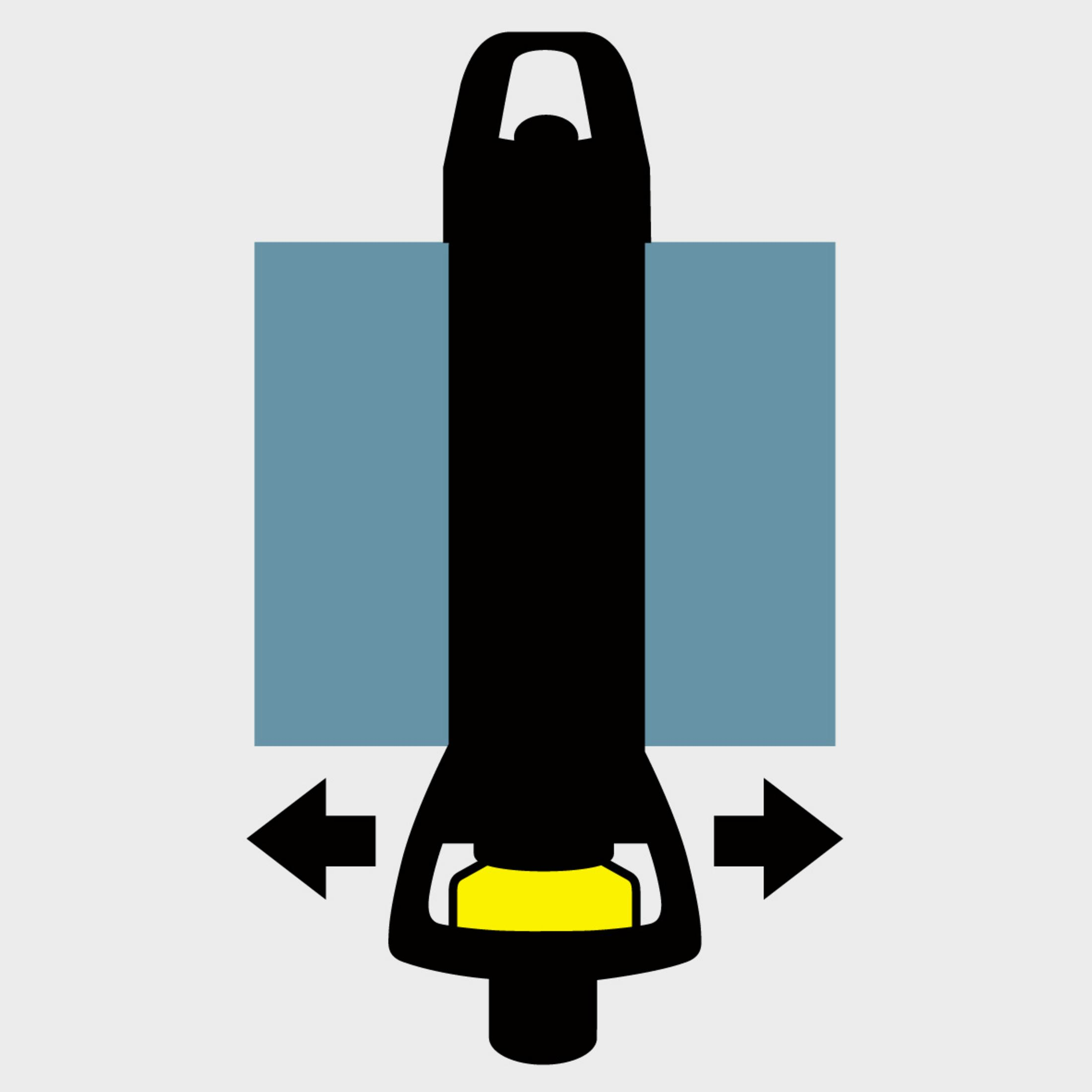 Ein schwarz-gelbes Design. Ein schwarzes Rechteck mit gelbem Balken und Pfeilen nach links und rechts.