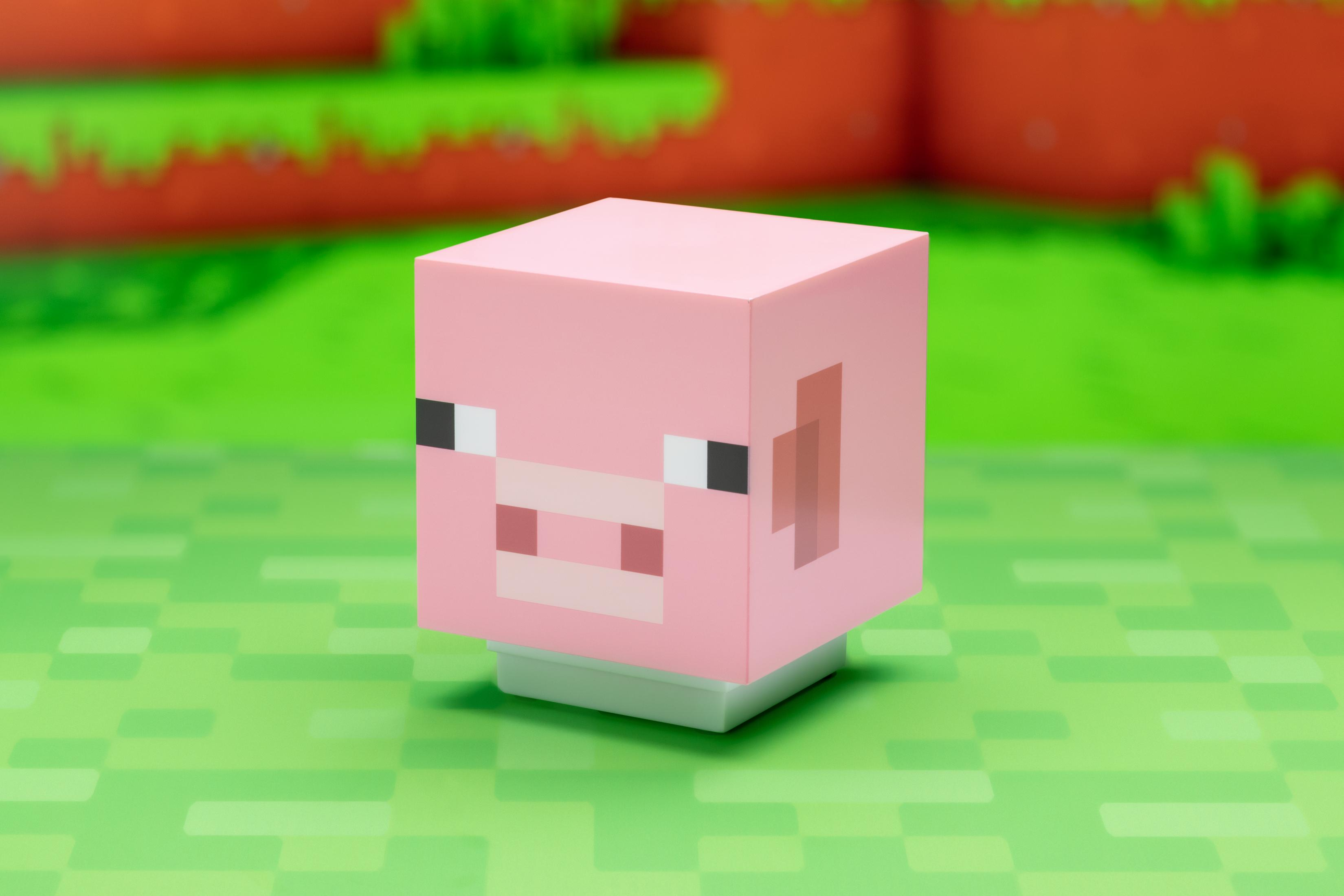 Ein Minecraft Schweinekopf-Spielzeug. Es ist rosa mit weißer Basis und hat schwarze Augen und Ohren auf grünem Pixel-Hintergrund.