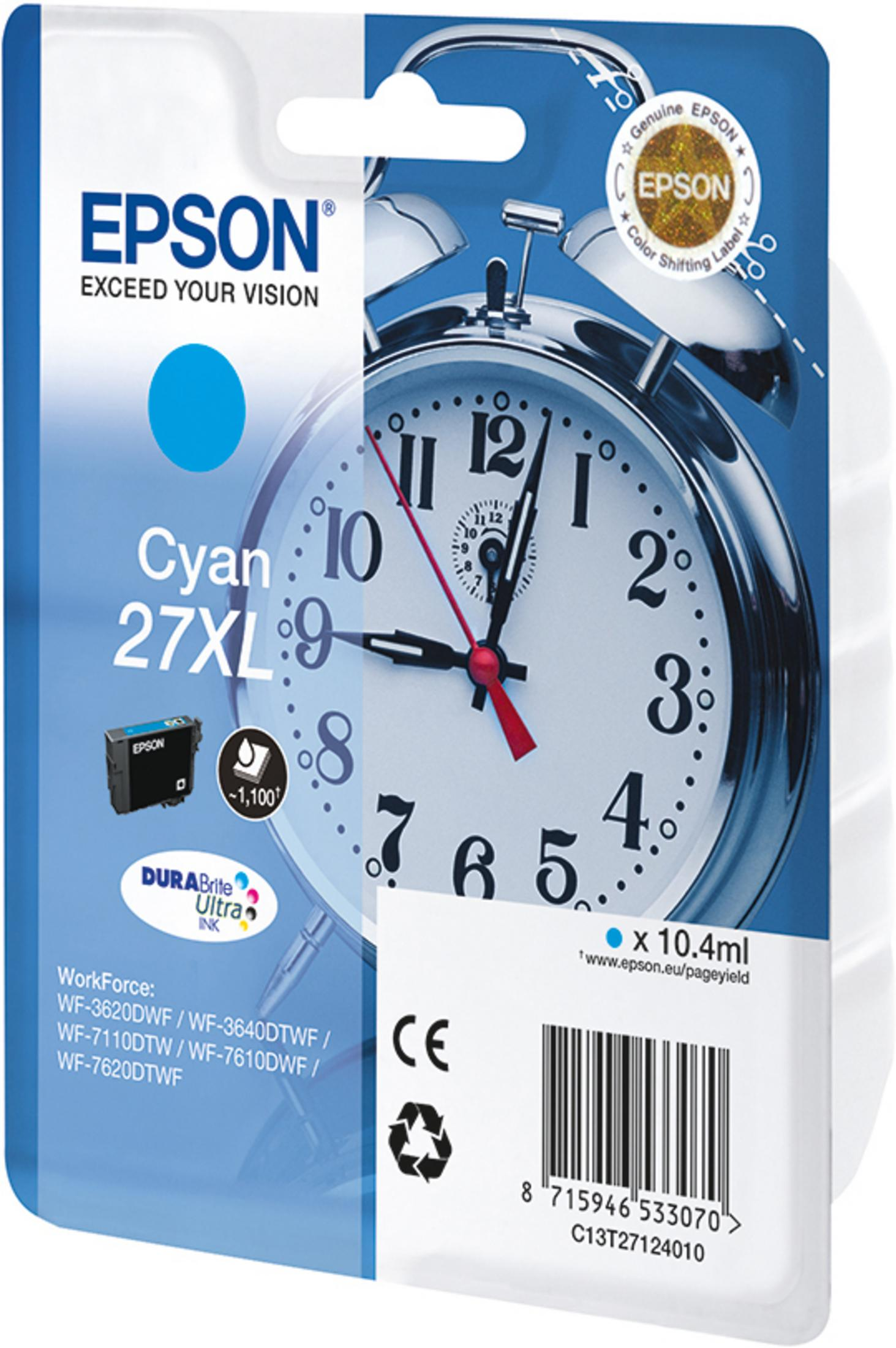 Una cartuccia d'inchiostro ciano in una confezione con un orologio. L'orologio segna le 10:09.