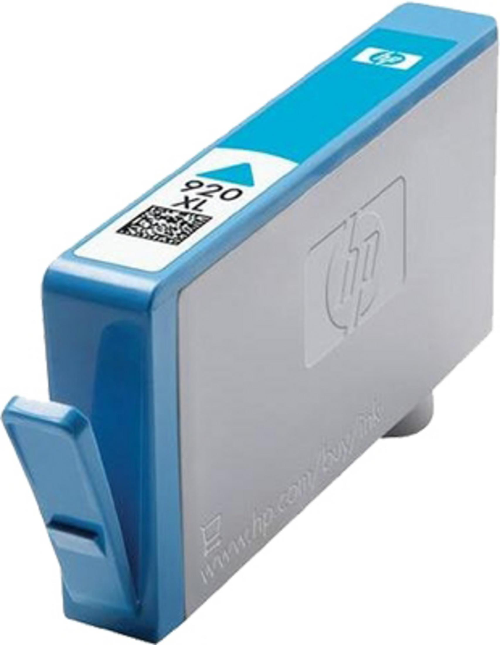 Eine blaue und graue HP 920 XL Cyan-Tintenpatrone mit HP-Logo und Produktinformationen.
