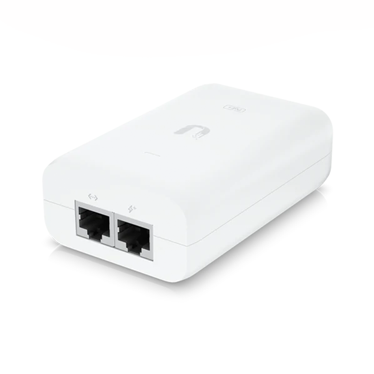 Ein weißes rechteckiges Gerät mit zwei Ethernet-Anschlüssen auf der Vorderseite. Das Markenlogo befindet sich oben mittig.