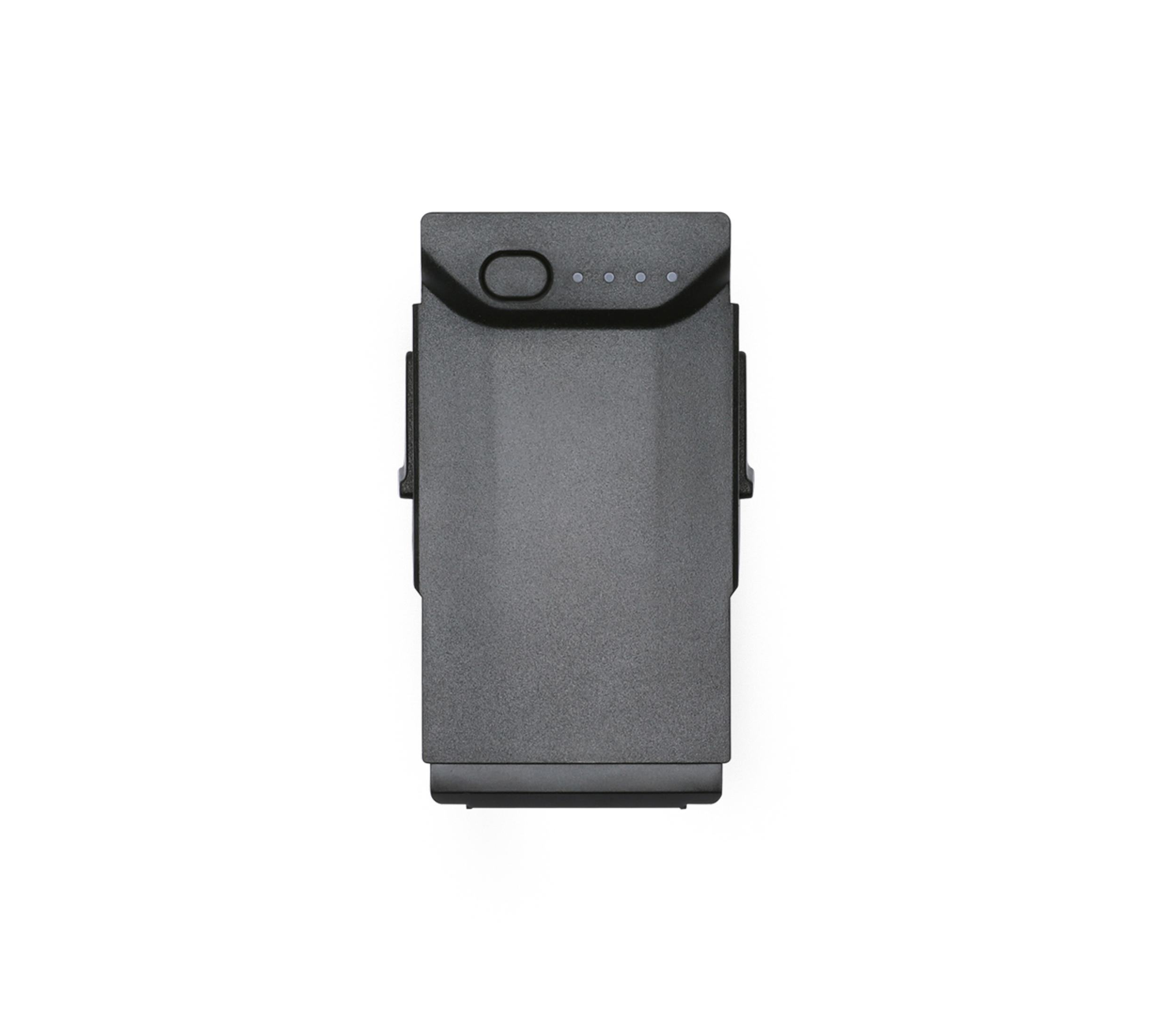 Dunkelgraue Drohnenbatterie mit vier Anzeigeleuchten.