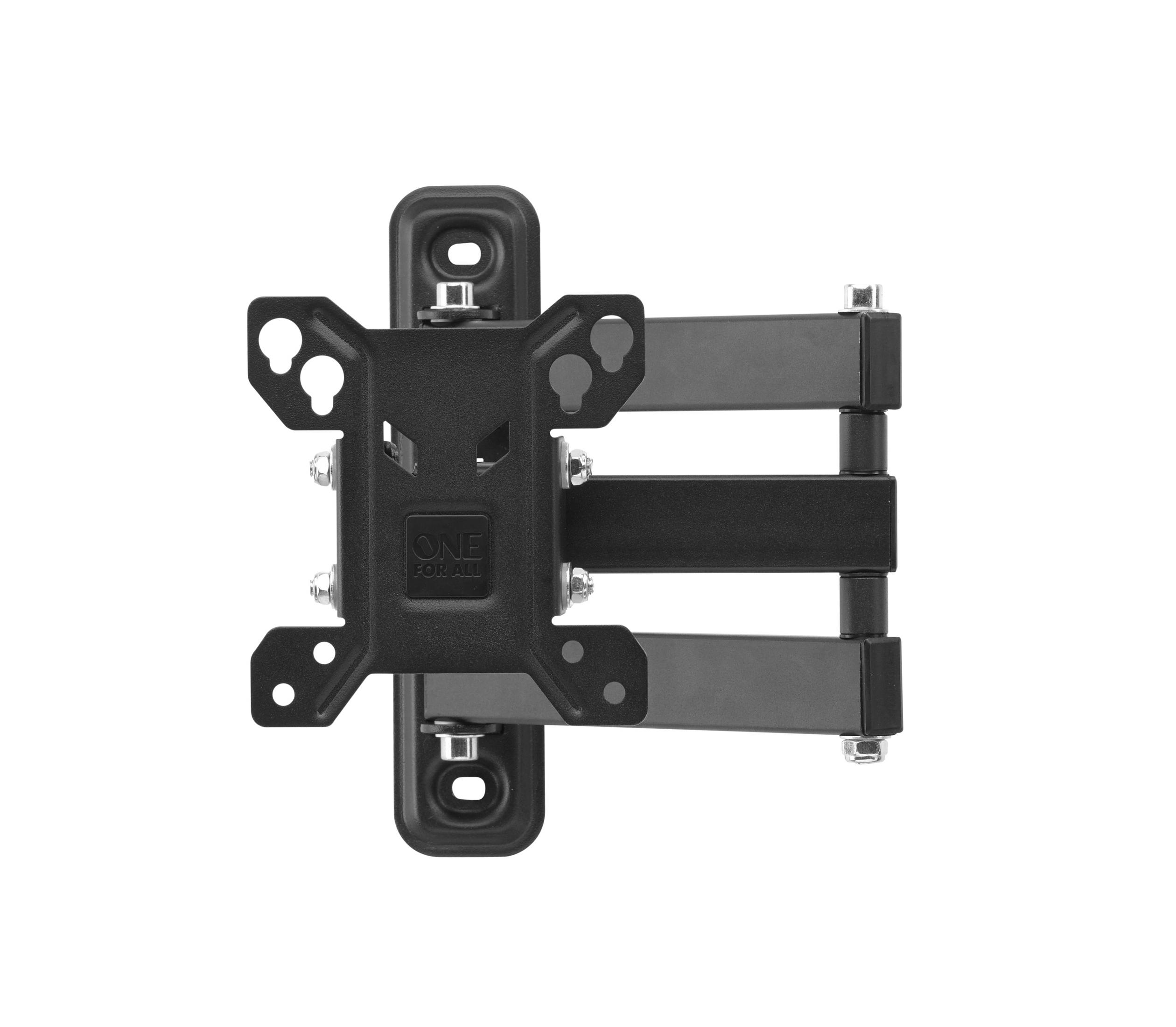 Soporte de pared para TV negro y plateado, hardware visible. Logotipo de la marca en el centro.