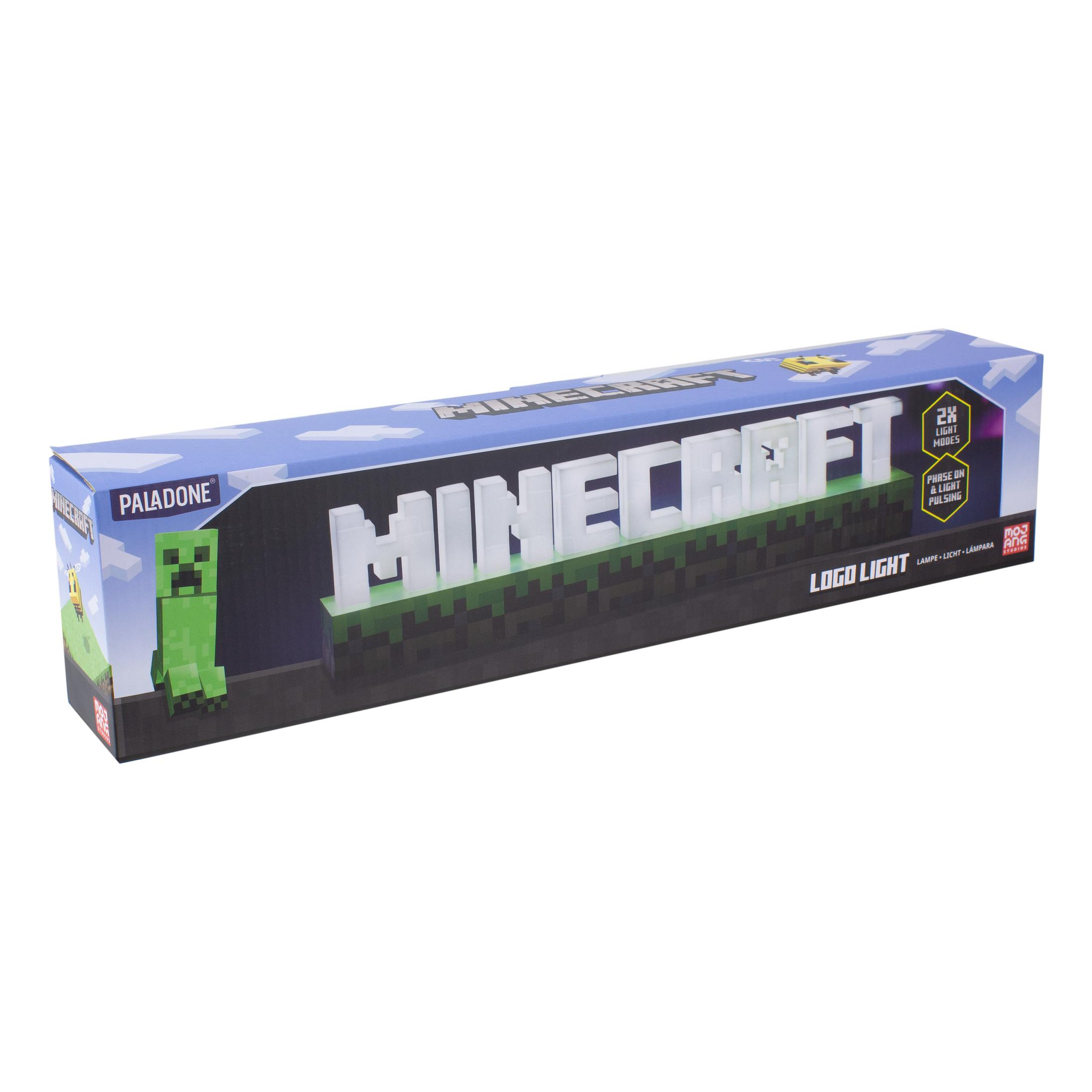 Światło z logo Minecraft w pudełku. Zielona figura Creeper po lewej.