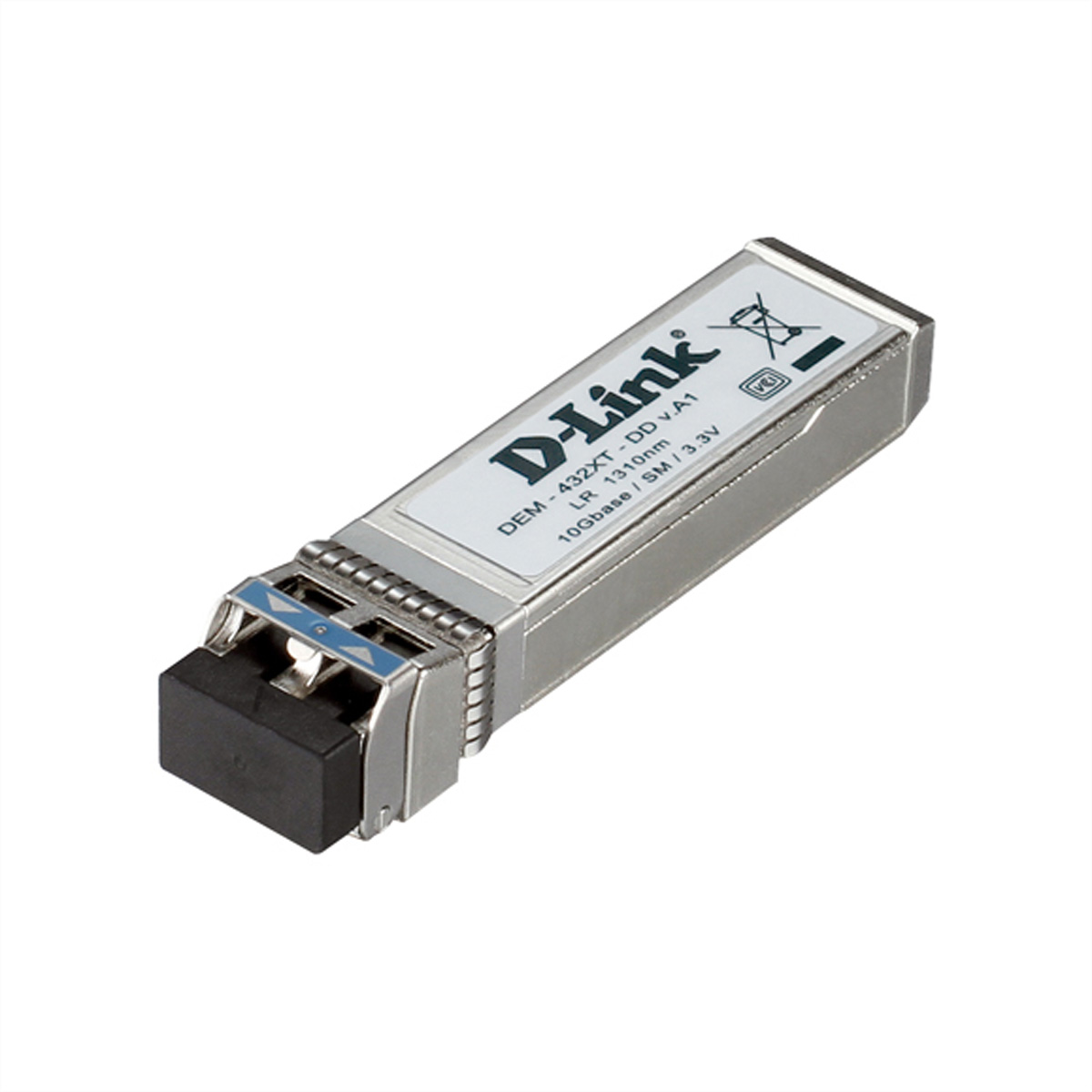 Ein silberner D-Link Netzwerkadapter mit schwarzem Stecker, auf weißem Hintergrund.