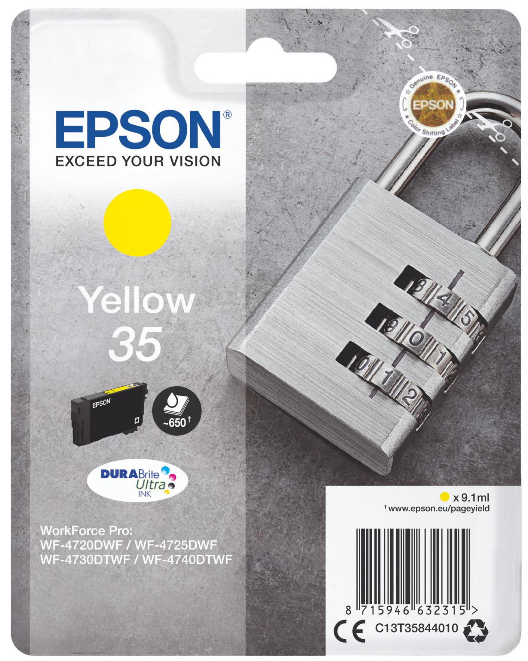 Cartouche d'encre jaune Epson avec cadenas à combinaison. Texte : 'Yellow 35'.