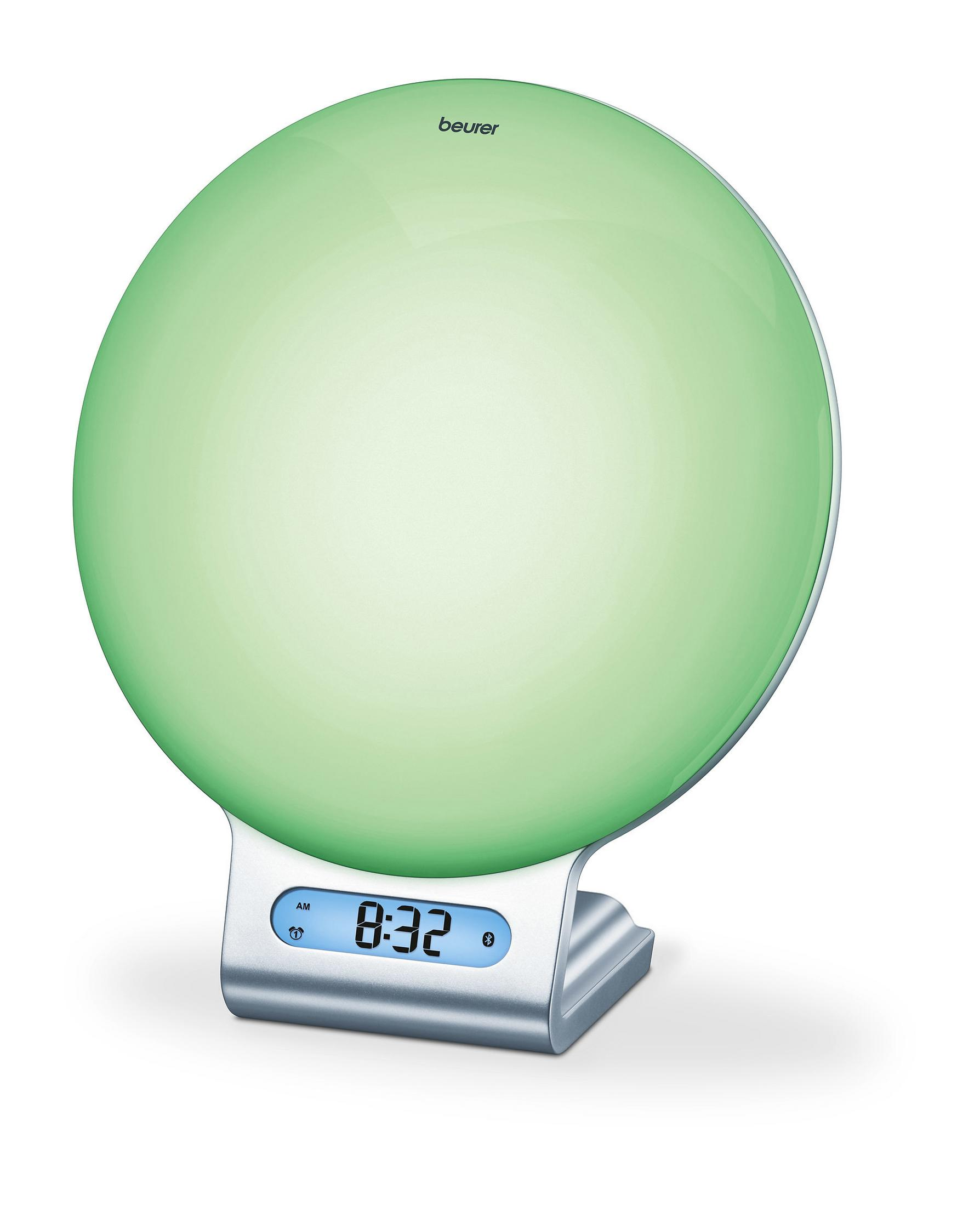 Una lámpara de terapia de luz verde con una pantalla digital que muestra las 8:32 AM.