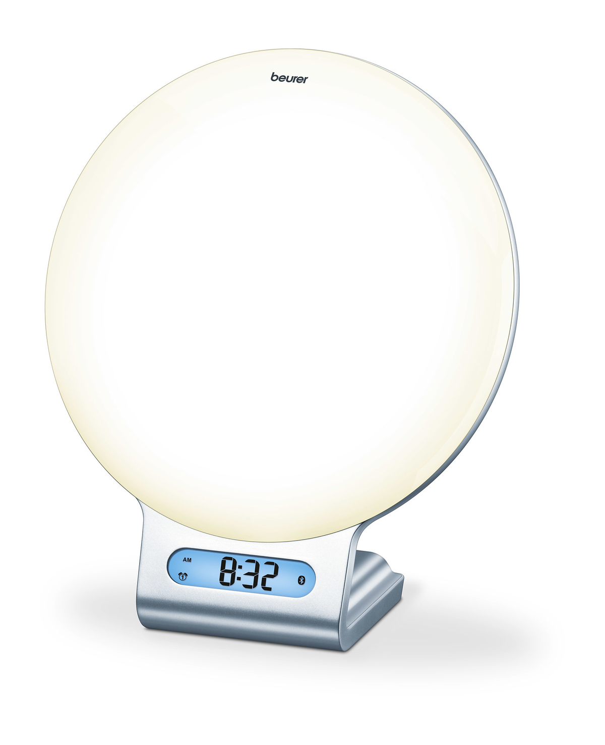 Una lámpara de terapia de luz circular blanca con pantalla de reloj digital.