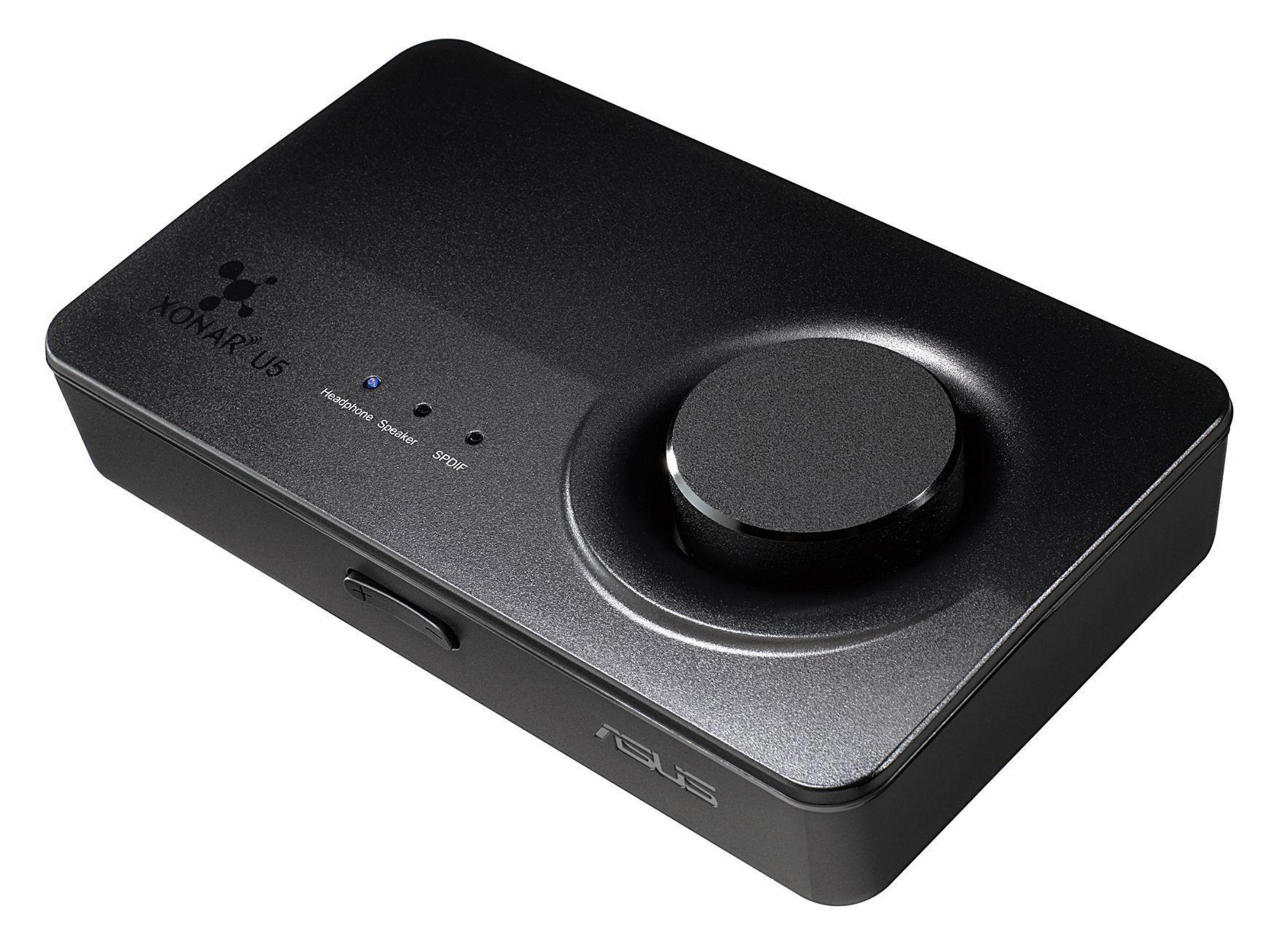 Un dispositivo per scheda audio nero con manopola del volume e logo ASUS.