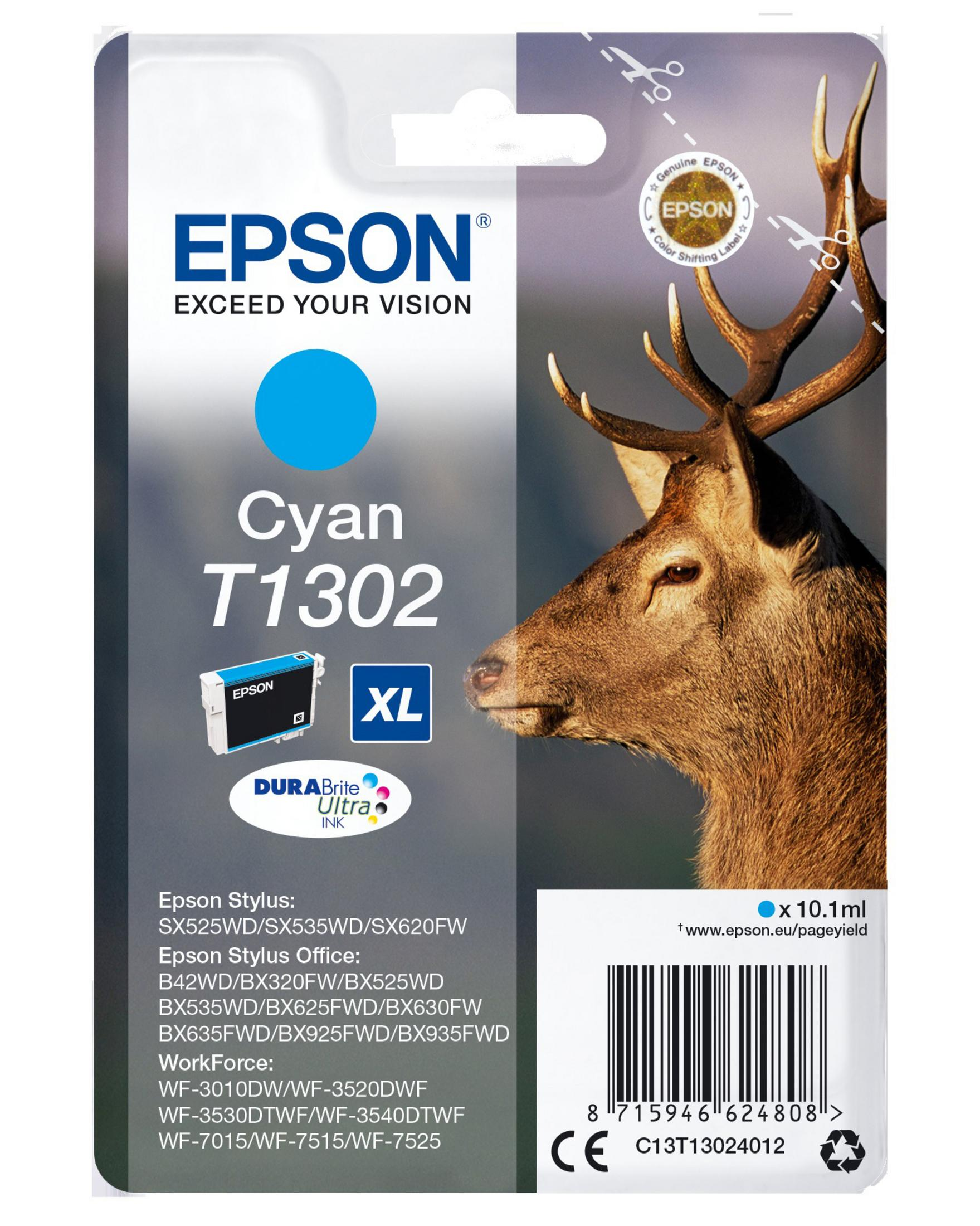 Cartuccia inchiostro Epson Cyan, immagine di un cervo. Etichette di testo. Sfondo: Bianco.