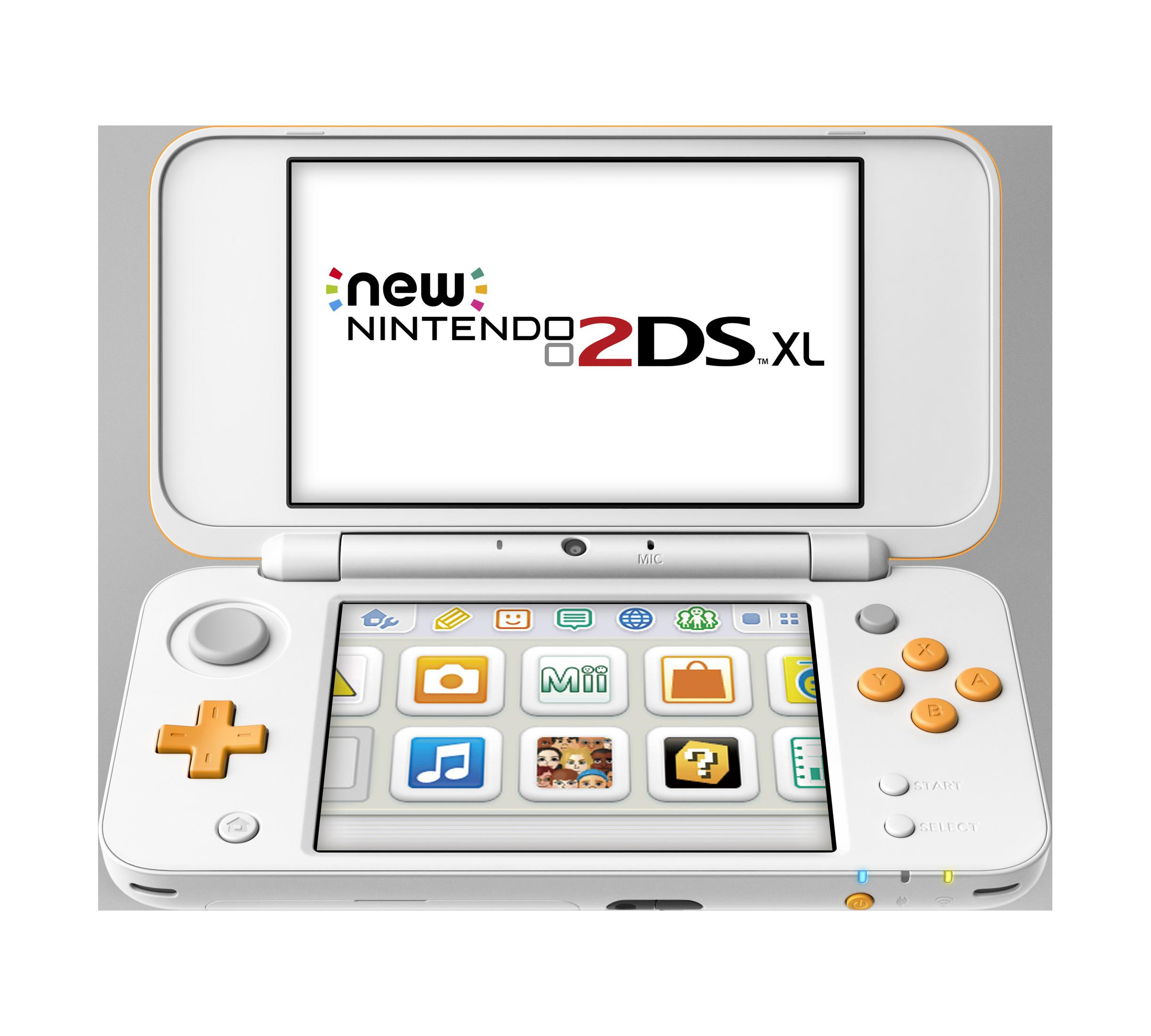 Weißes Nintendo 2DS XL. Bildschirm zeigt die Spielmenüsymbole. Orangefarbene Tasten an der Seite.