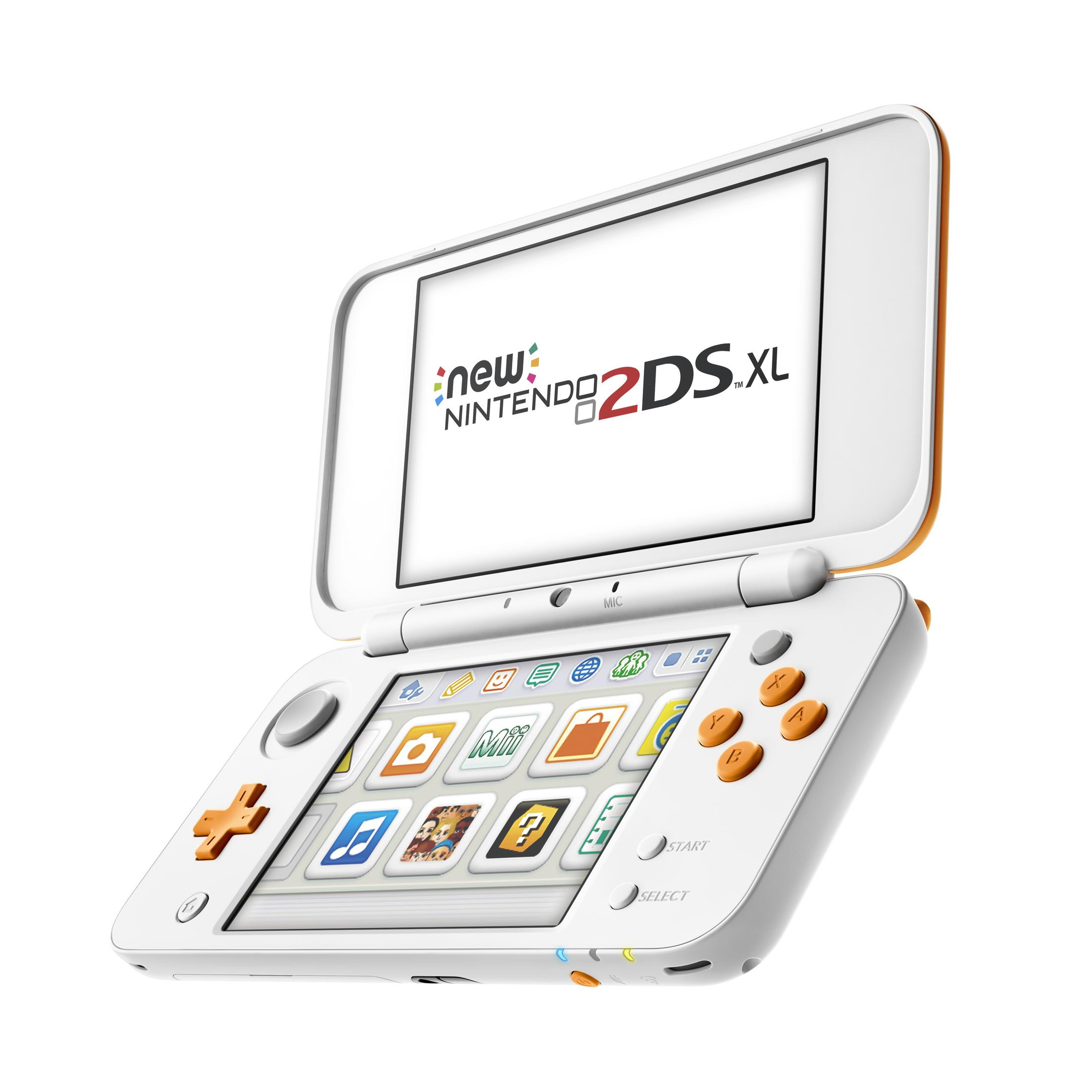 Weiß-orange New Nintendo 2DS XL. Der Bildschirm ist geöffnet und zeigt eine Menüoberfläche.