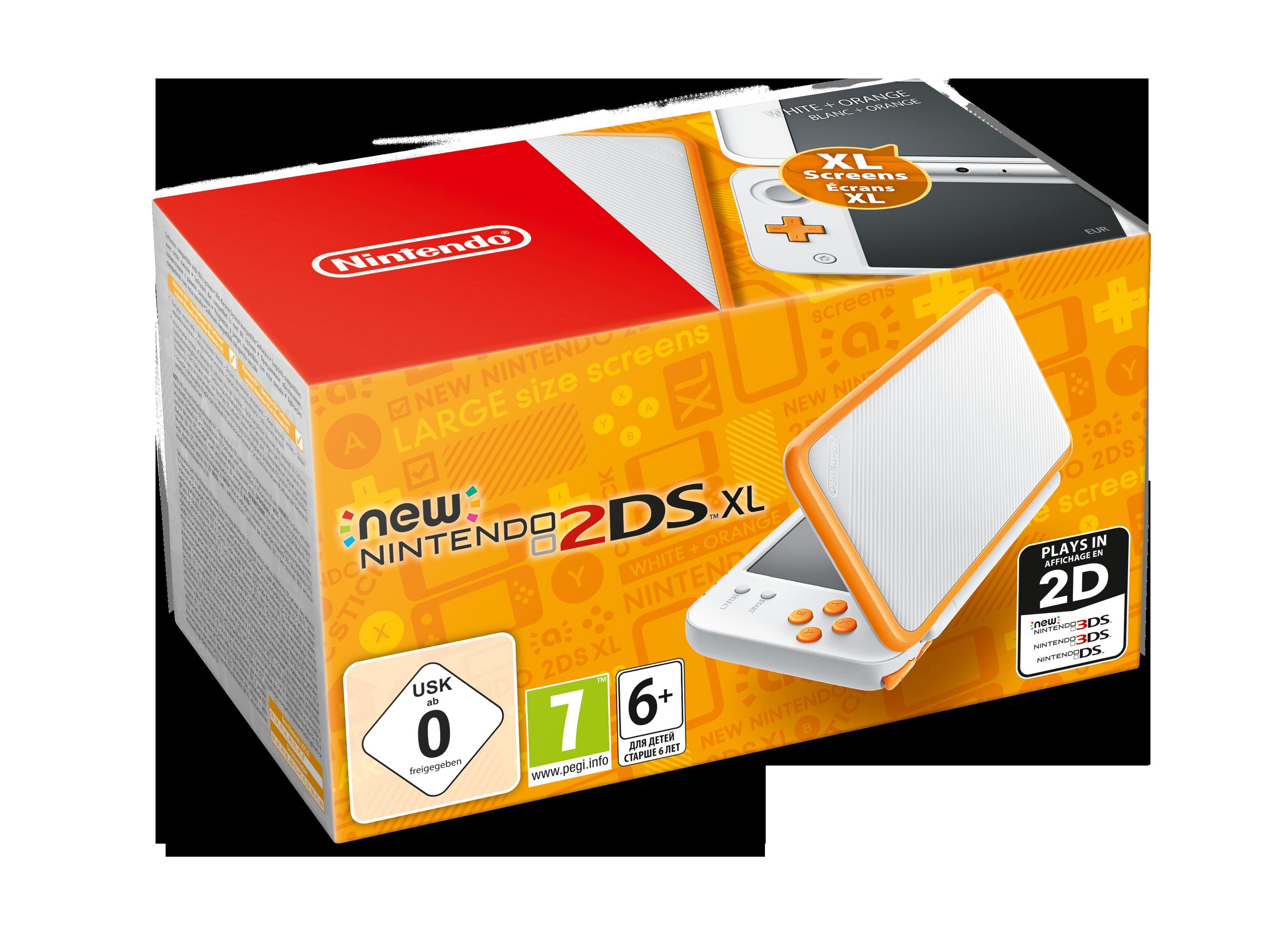 New Nintendo 2DS XL doos in oranje en wit, met een console afbeelding en tekst.