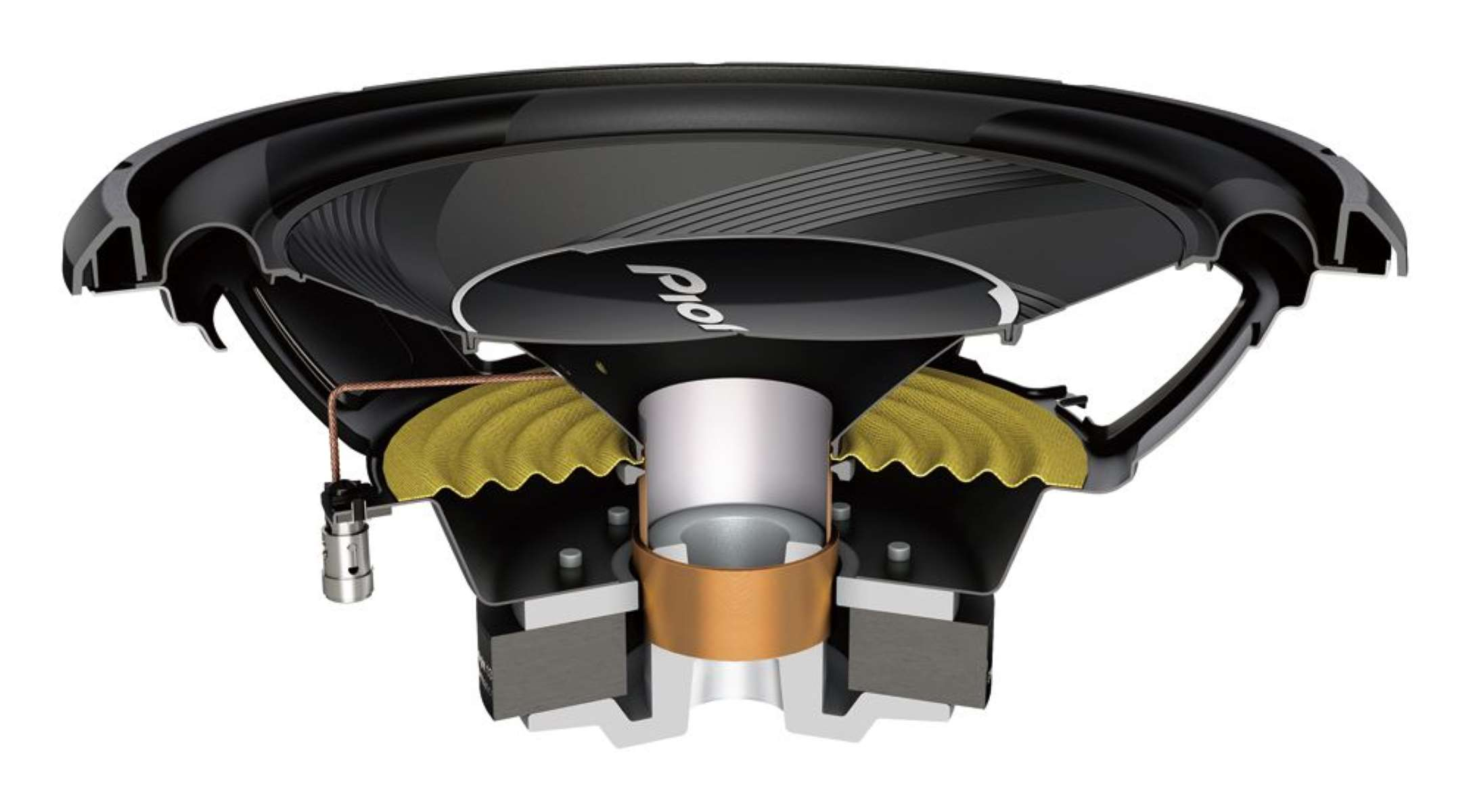 Schnittansicht eines schwarzen Subwoofers mit gelbem Konus und Kupferspule.
