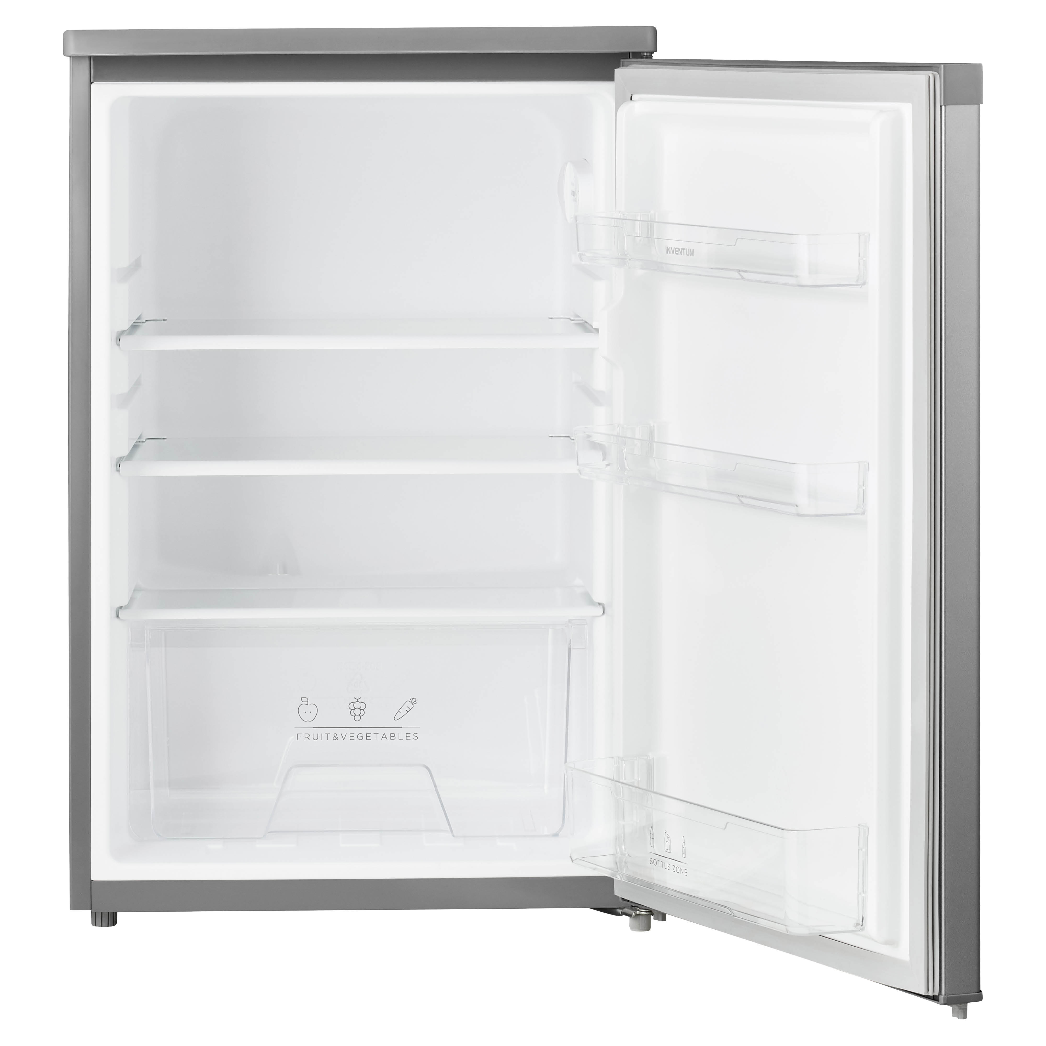 A small refrigerator with the door open. Inside are shelves and drawers.