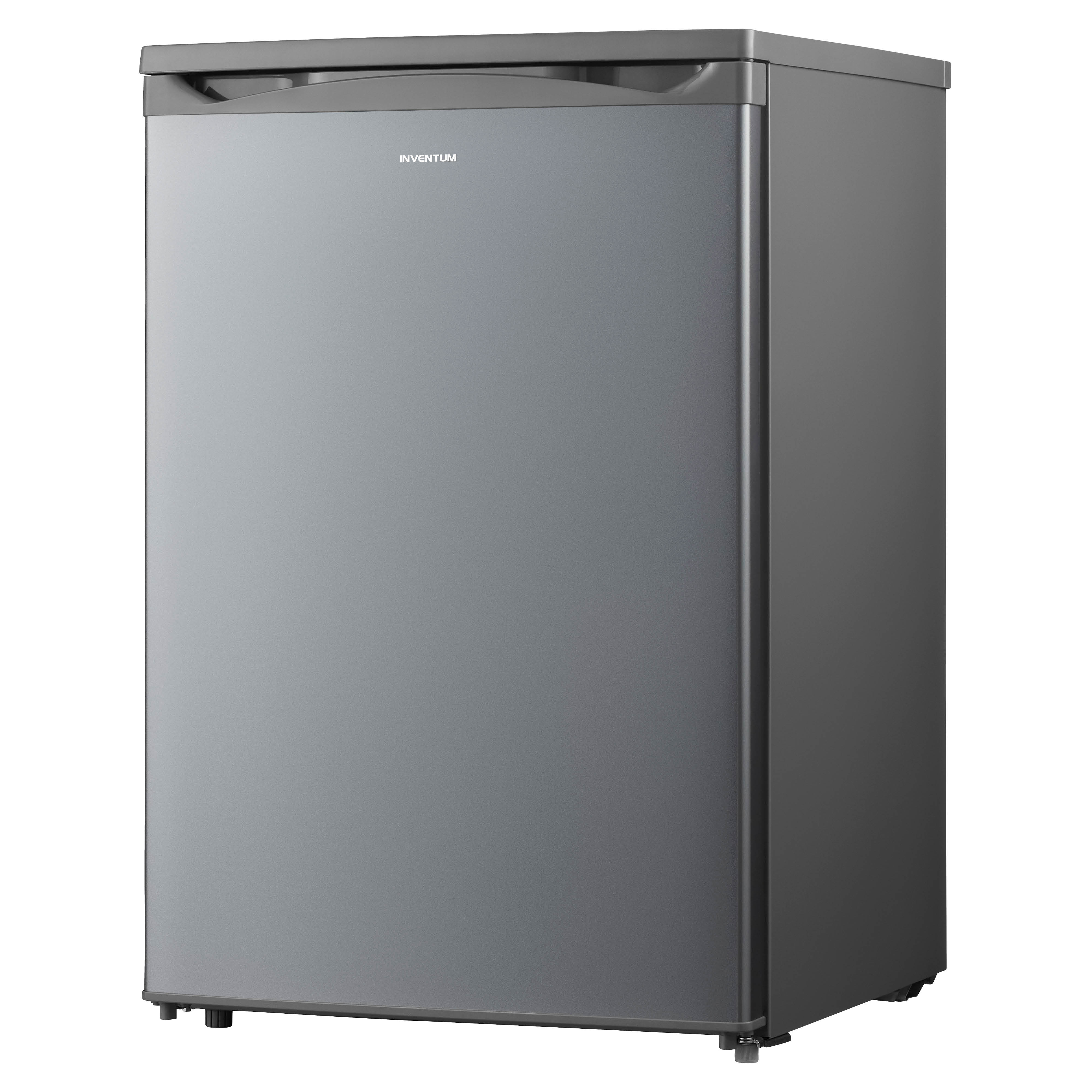 A gray mini-fridge with a silver door and the brand name 'INVENTUM' on it.