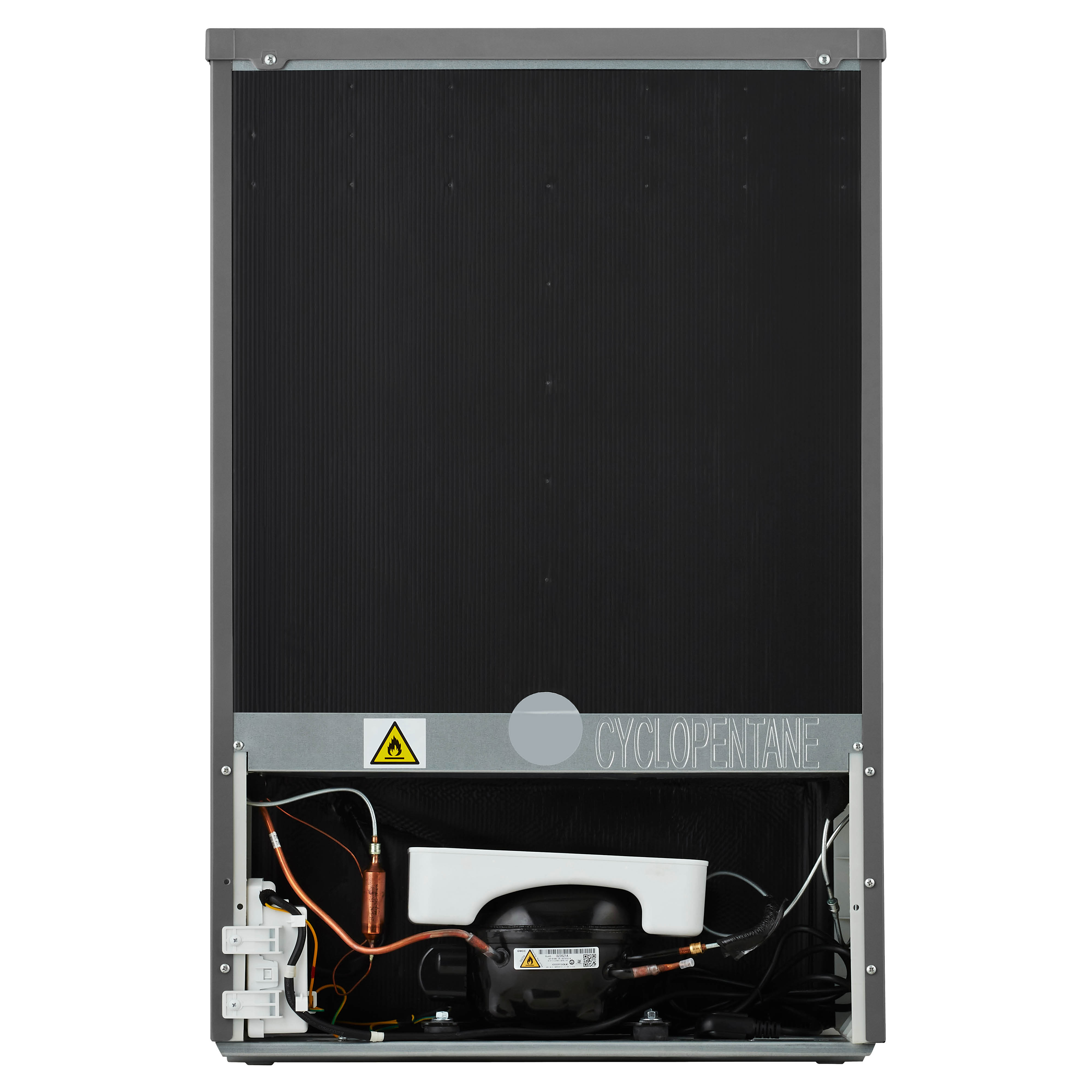 Back of a refrigerator, with components visible.