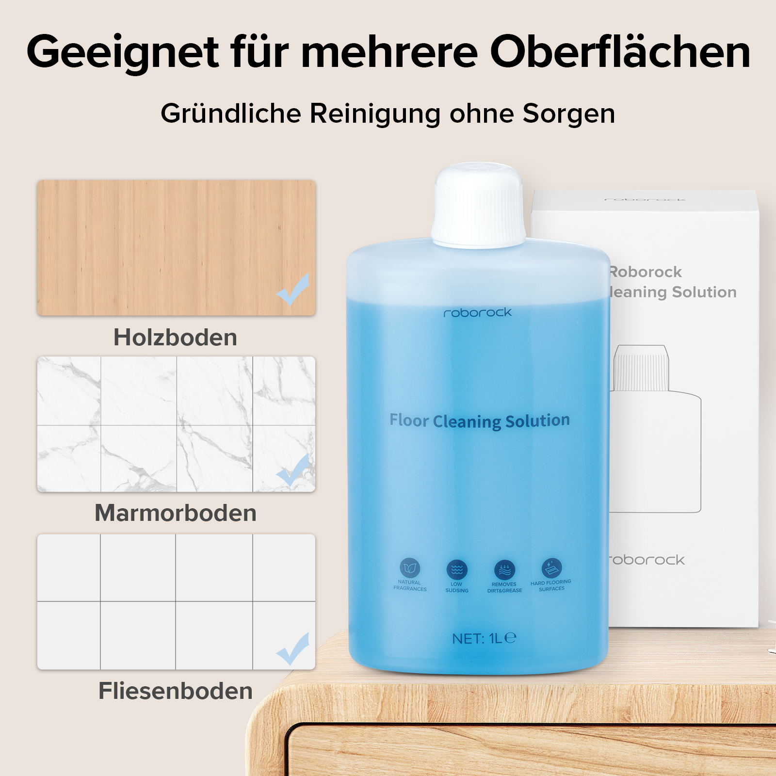 Blaue Bodenreinigungslösungsflasche mit Text, Holz-, Marmor- und Fliesenmustern.