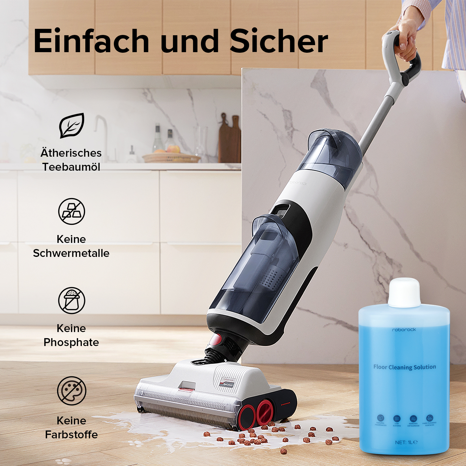 Ein weißer und schwarzer Bodenreiniger mit einer blauen Flasche Reinigungslösung. Text ist auf Deutsch.