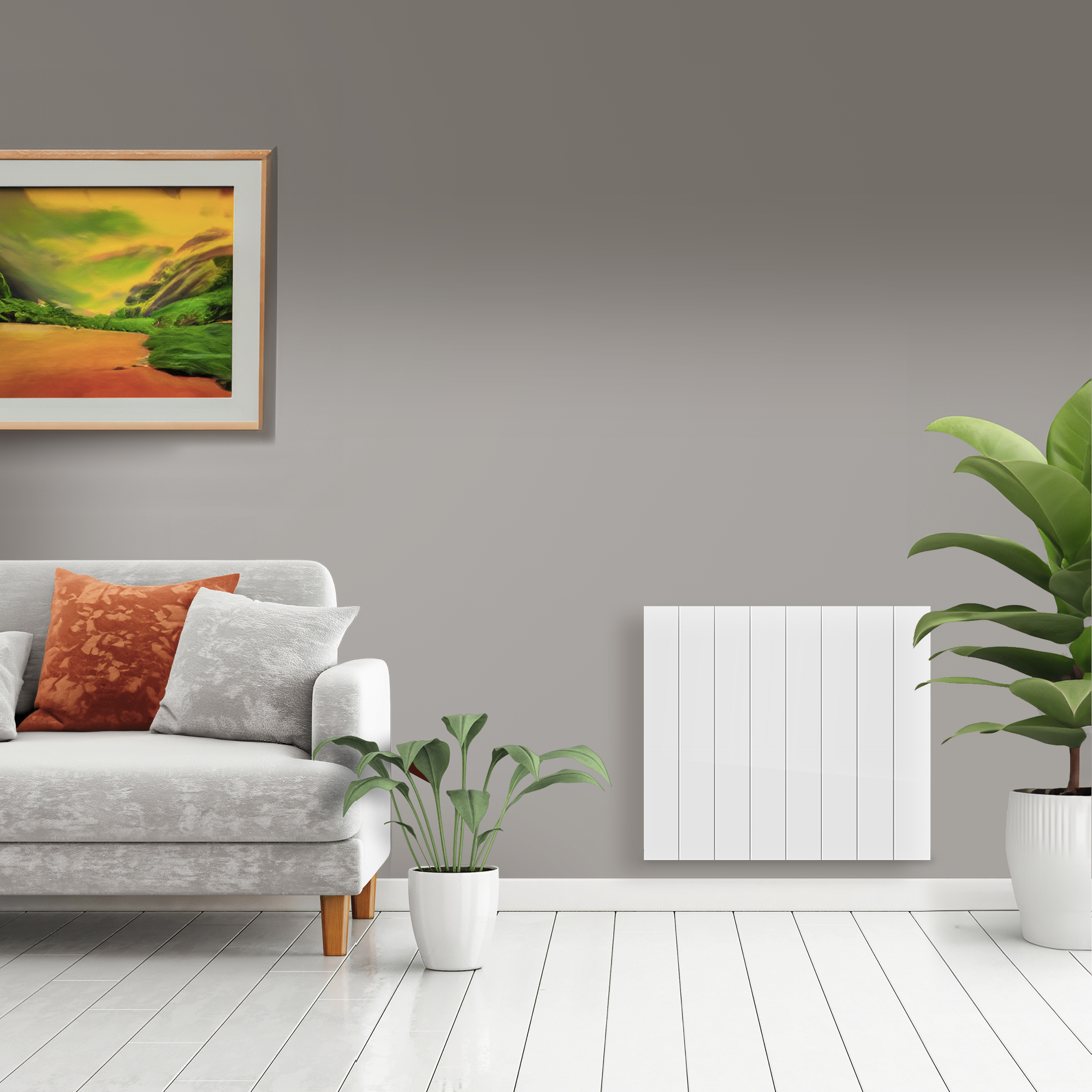Sala de estar con sofá, pintura, calefactor, plantas y suelo de madera blanca.