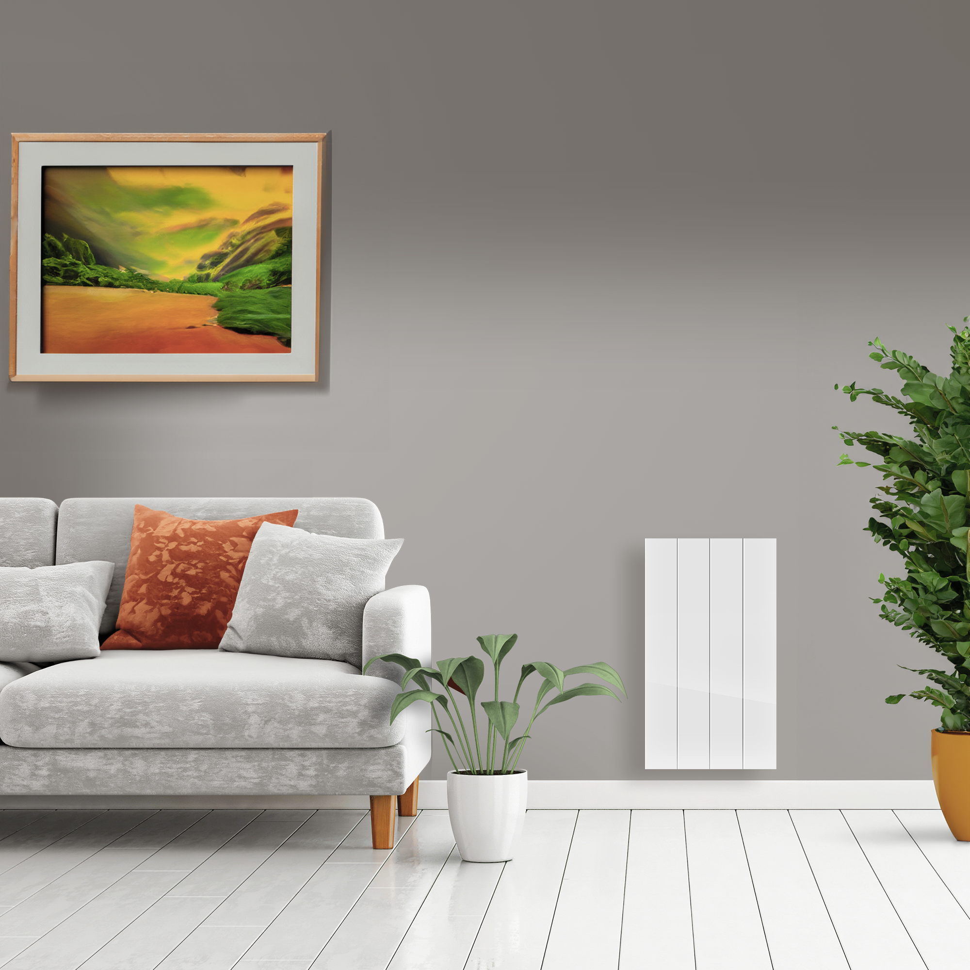 Una escena de sala de estar con una pintura, sofá, plantas y un radiador blanco.