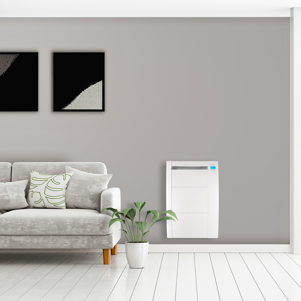 Salón con sofá gris, arte, planta y calefactor de pared blanco.