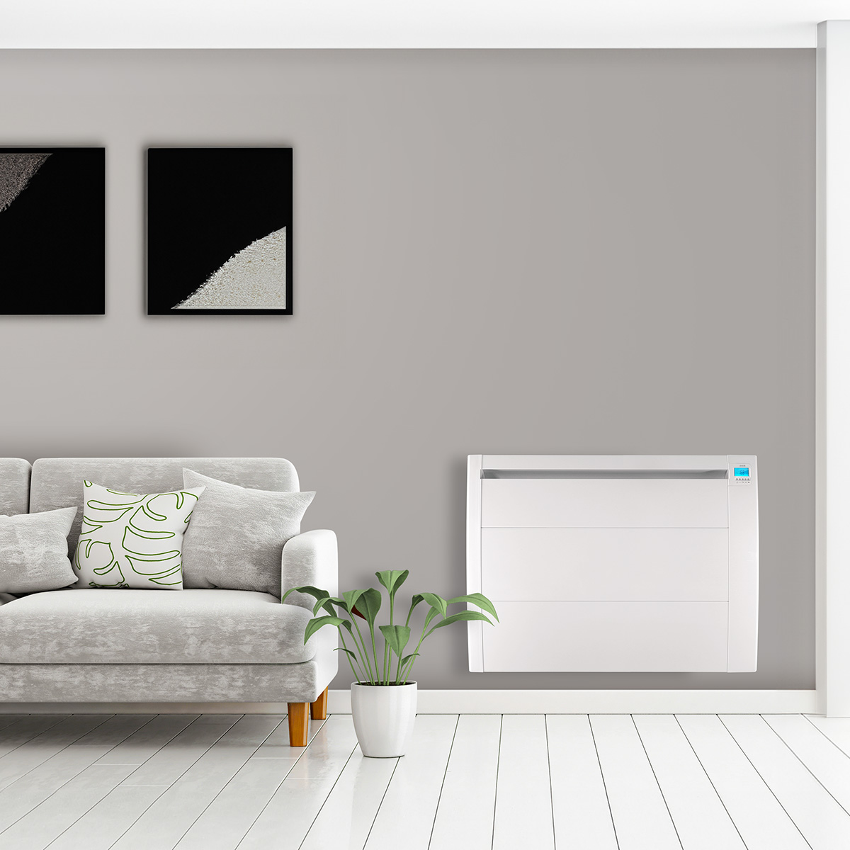 Escena de sala de estar con sofá, dos pinturas, una planta y un calefactor de pared.