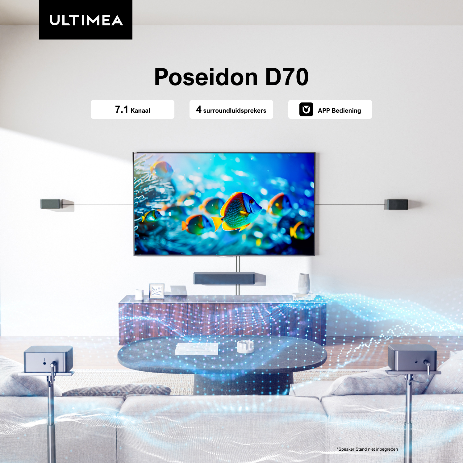 Home theater setup with a TV, soundbar, and speakers. The room has a modern design. White background.