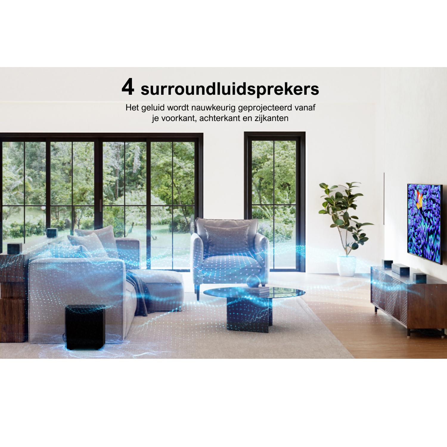 Home theater setup with TV, soundbar, and speakers. The room has a modern design. Windows on the back.