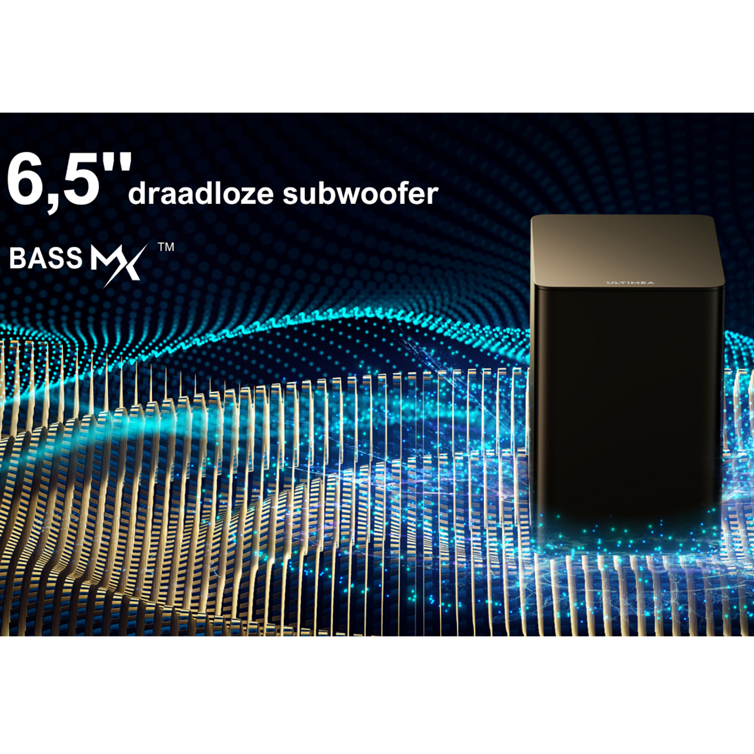 Black subwoofer on a blue background with text.