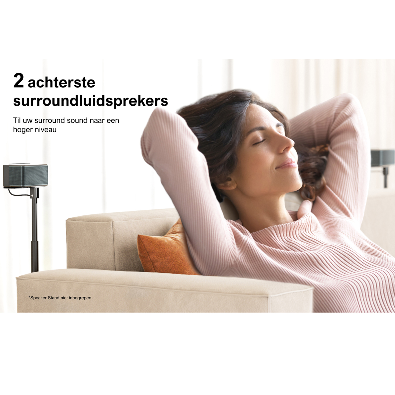 Woman relaxing on a sofa, a surround speaker is to the left. Text on the image.