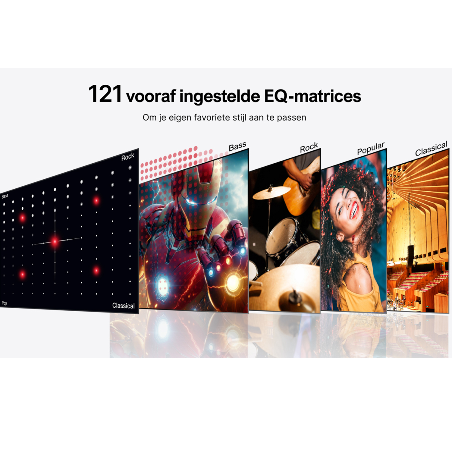 Visual representation of 121 EQ matrices. Includes images of rock, bass, popular, and classical music.