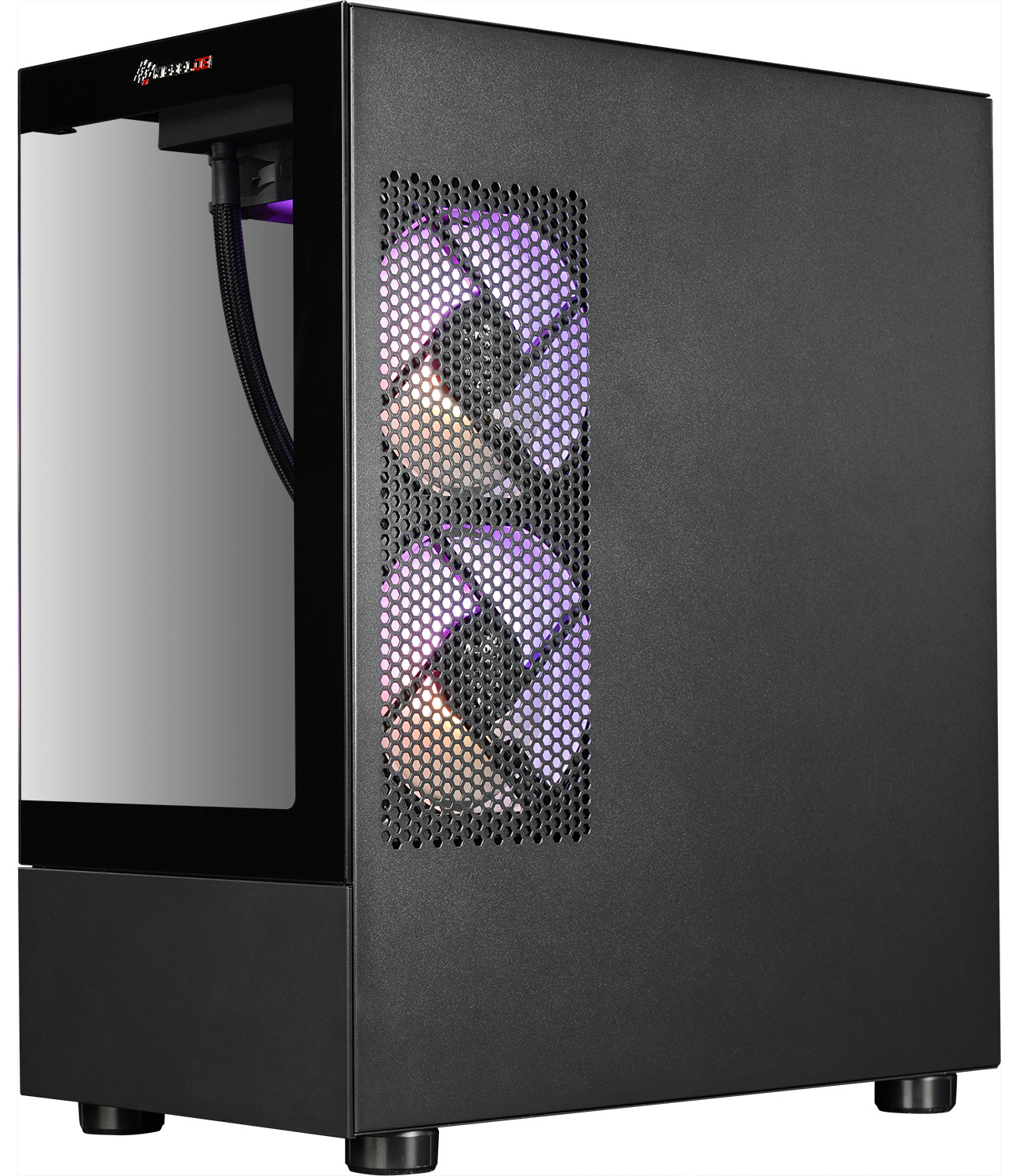 Boîtier d'ordinateur noir avec panneau latéral en verre et ventilateurs à lumière violette.