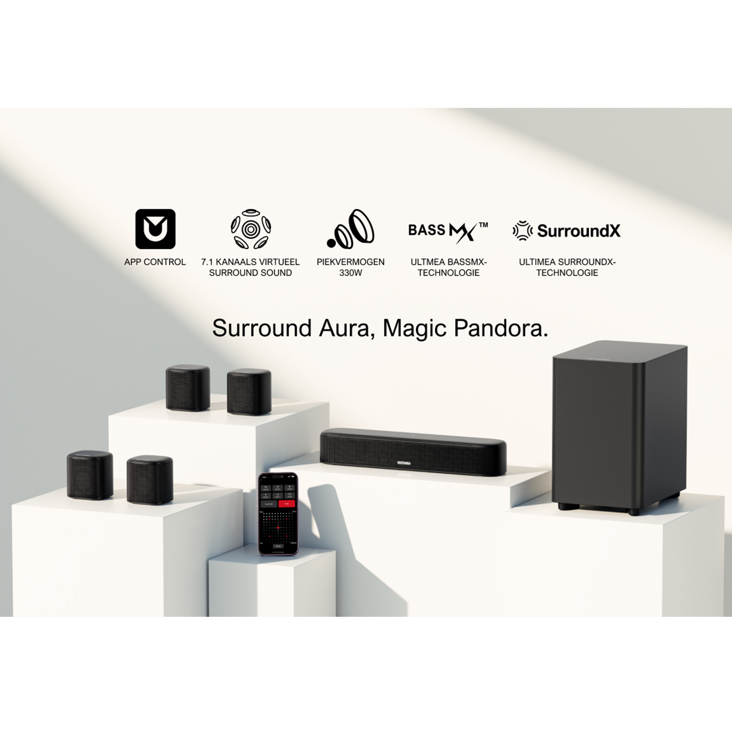 Black speaker set with subwoofer. Icons for features and text: Surround Aura, Magic Pandora.