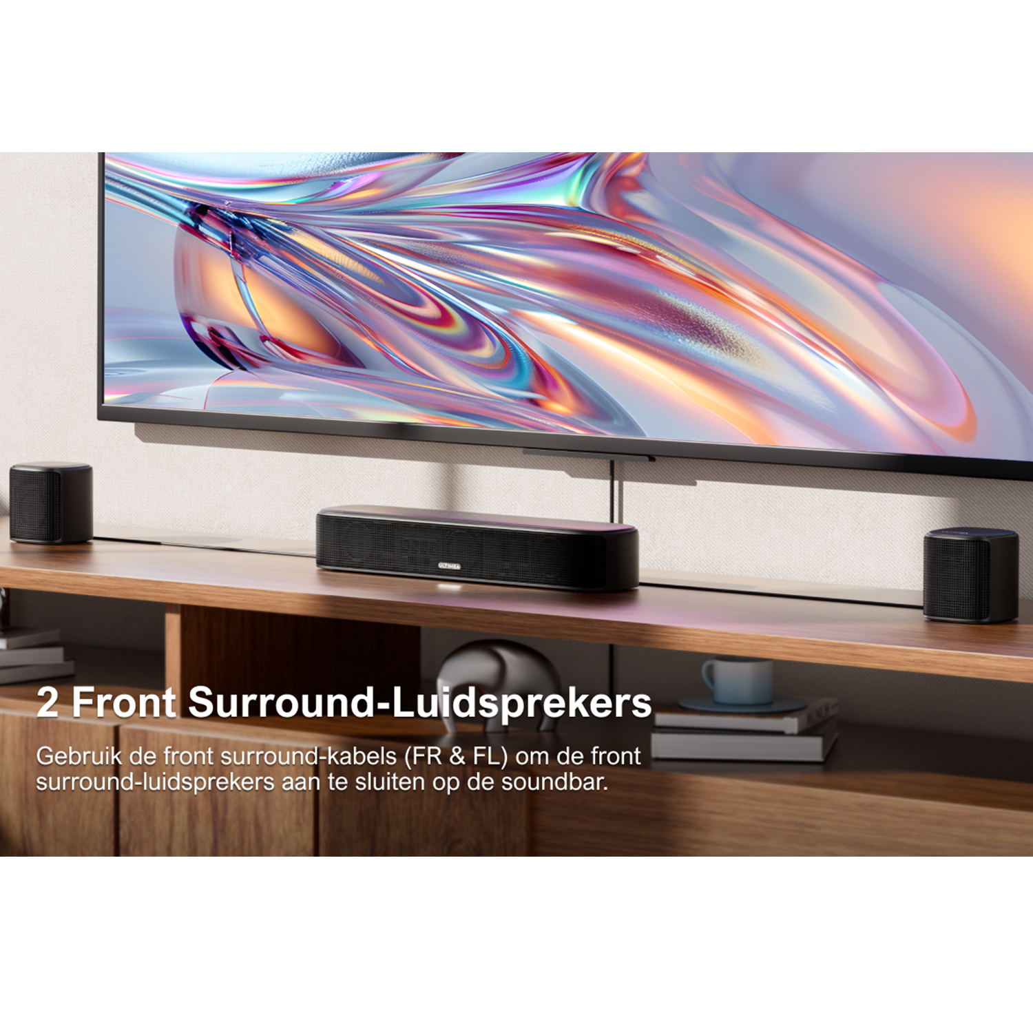 TV and wooden cabinet with soundbar and surround speakers. Text on the image.