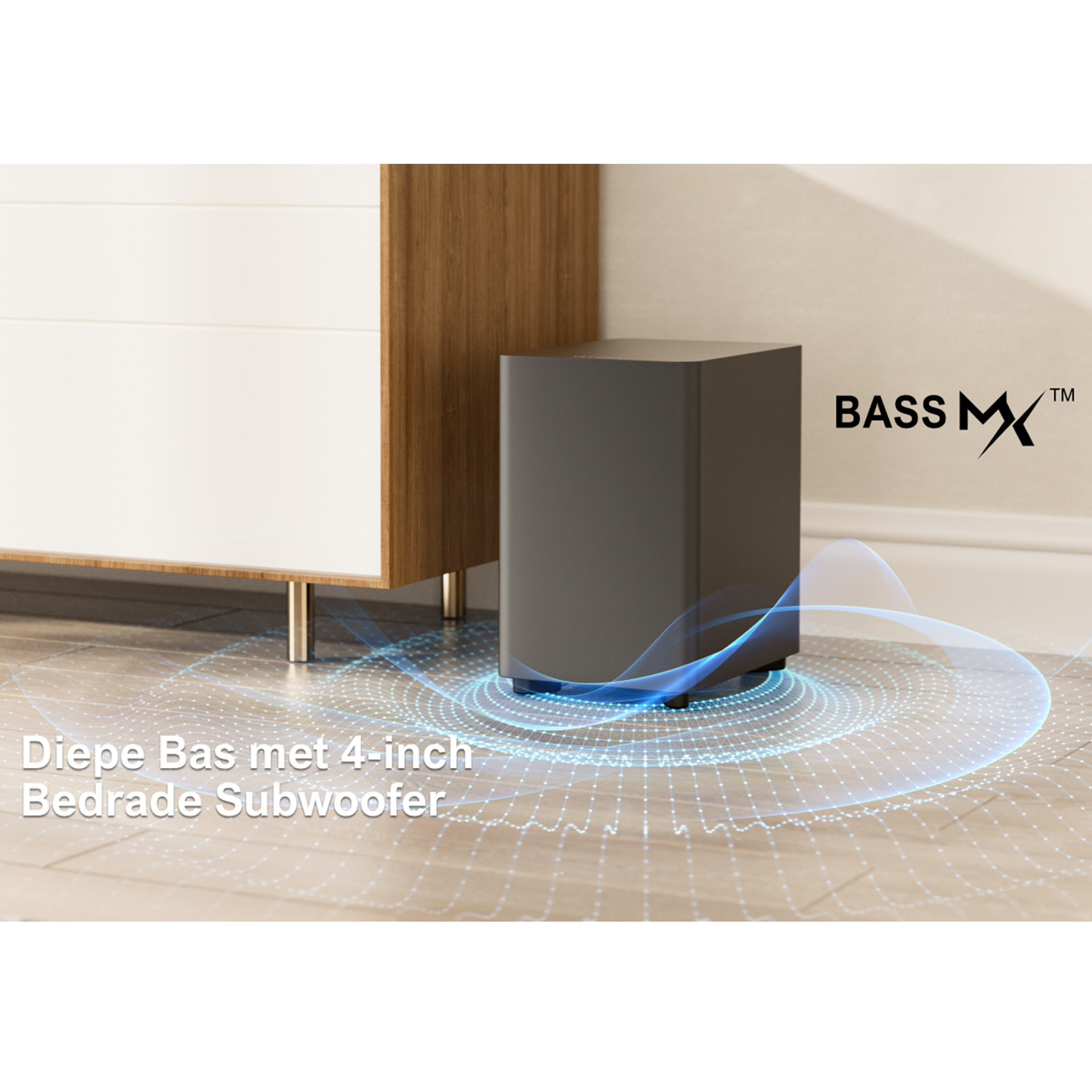 A black subwoofer speaker is placed near a white cabinet on a light-colored floor with blue waves.