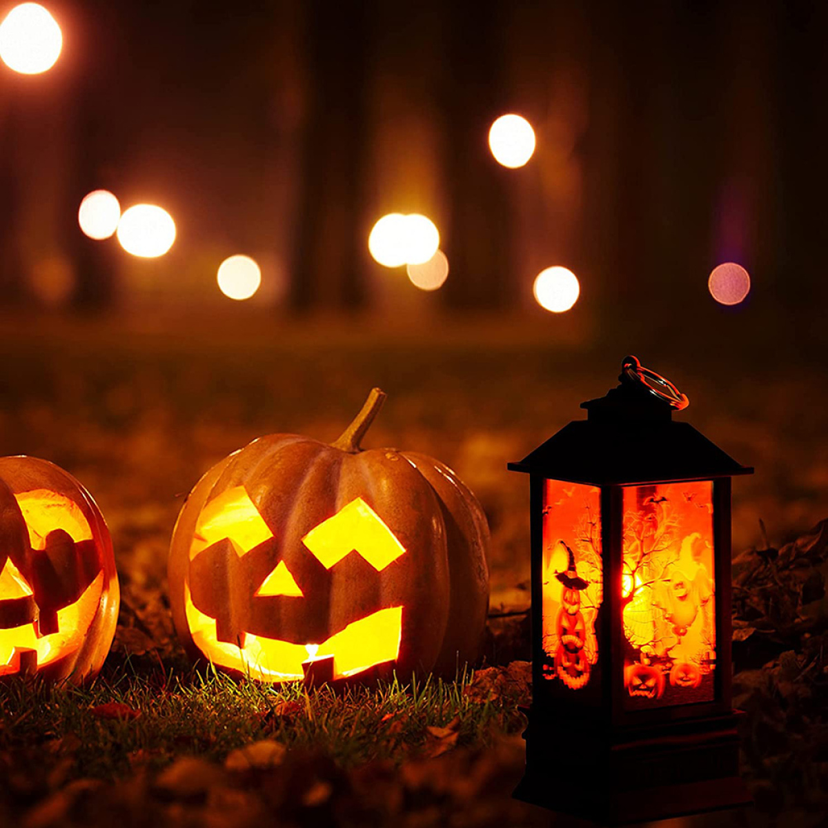 Halloween-Szene mit beleuchteten Kürbissen und einer Laterne im Freien.