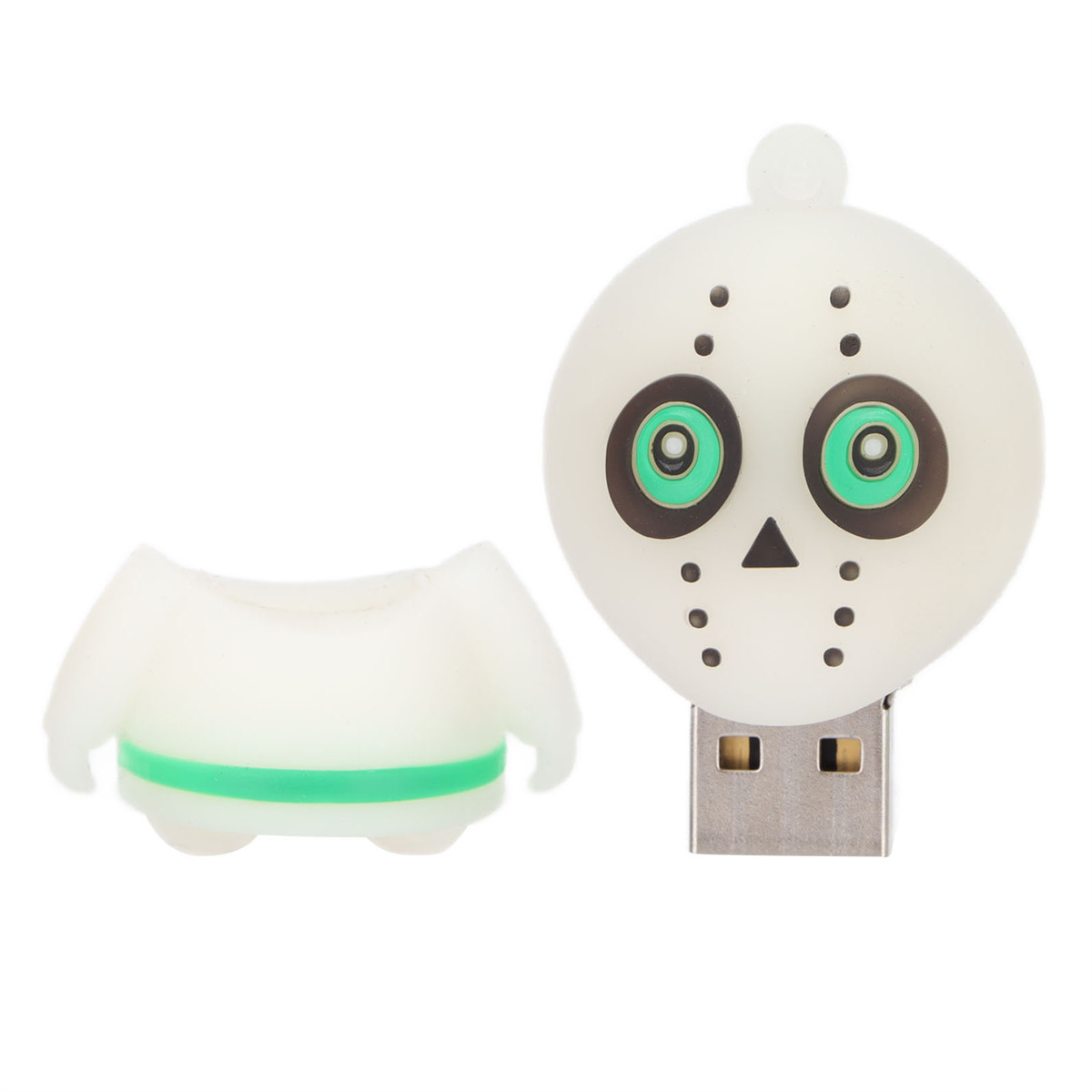 USB-Stick in Form eines Schädels. Ein abgetrennter Körper. Weißer Hintergrund.