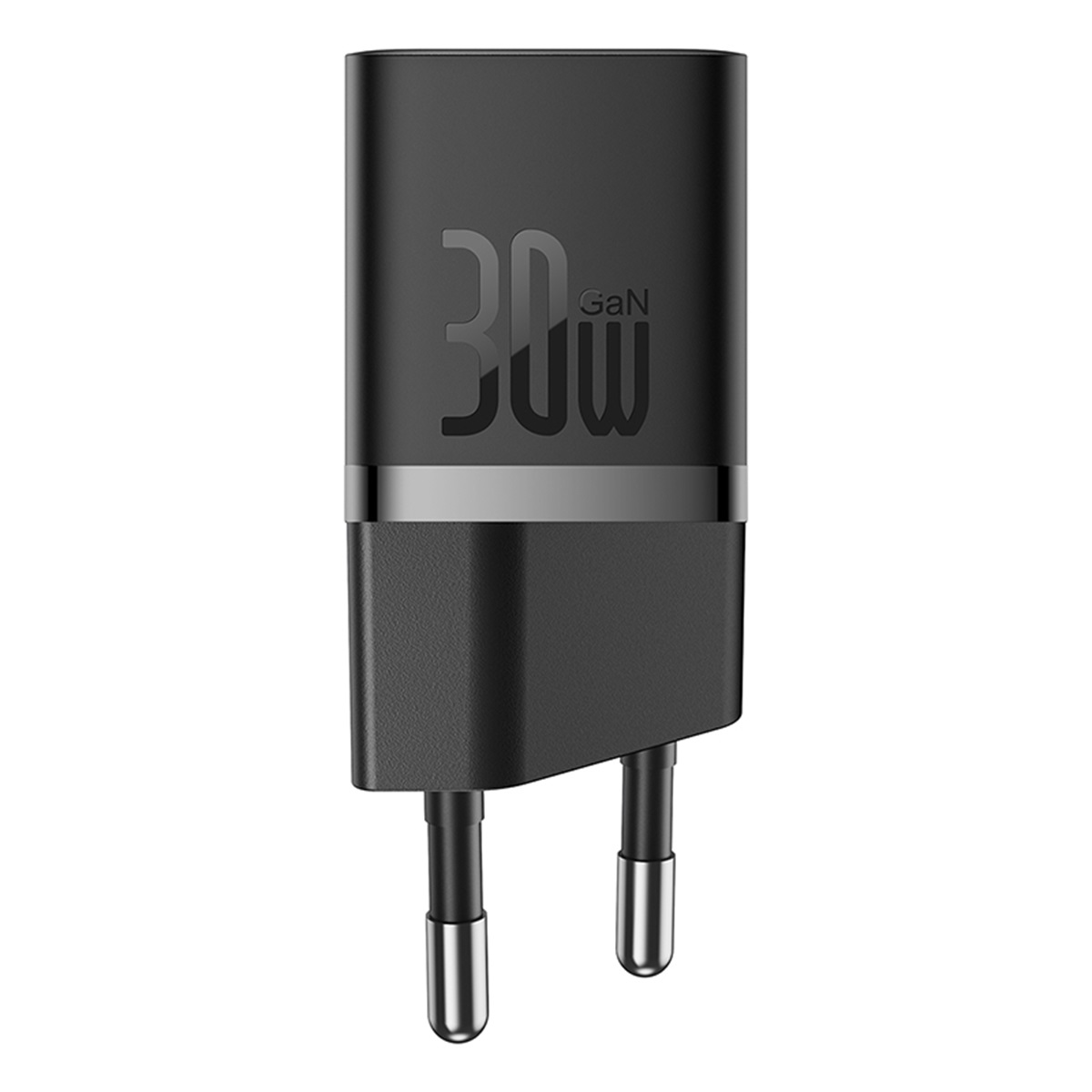 Un caricatore GaN nero da 30W con due pin argentati, pronto per essere collegato.